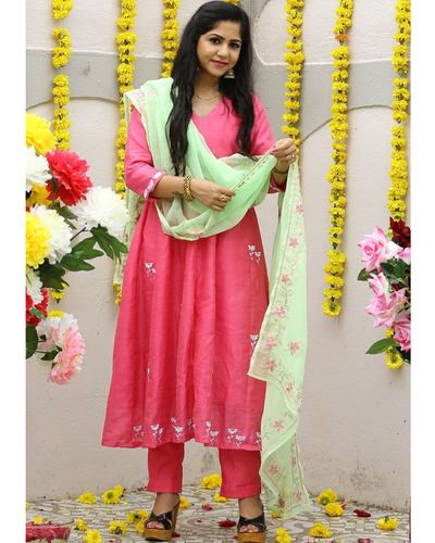 hot pink silk suit