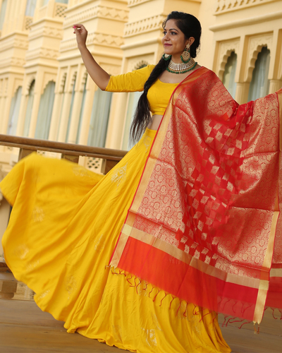 Mustard Rayon Lehenga With Banarasi Dupatta - Set Of Three By Lavanya 