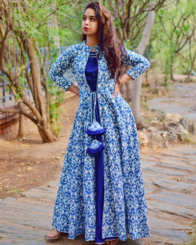 Blue printed kalidar cape and flared dress set of two by Label