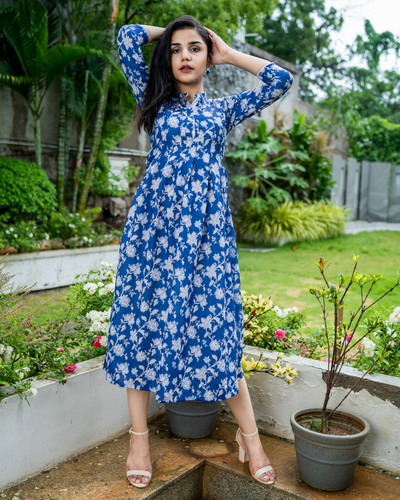 Blue printed dress with box pleats by Desi Doree | The Secret Label