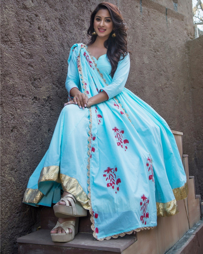 Sky blue kurta with gold border and printed dupatta-set of two by ...
