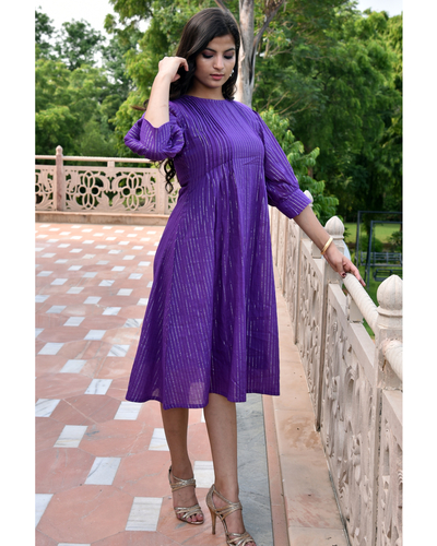 Grape violet pleated dress with puff sleeves by Pristine Tints | The ...