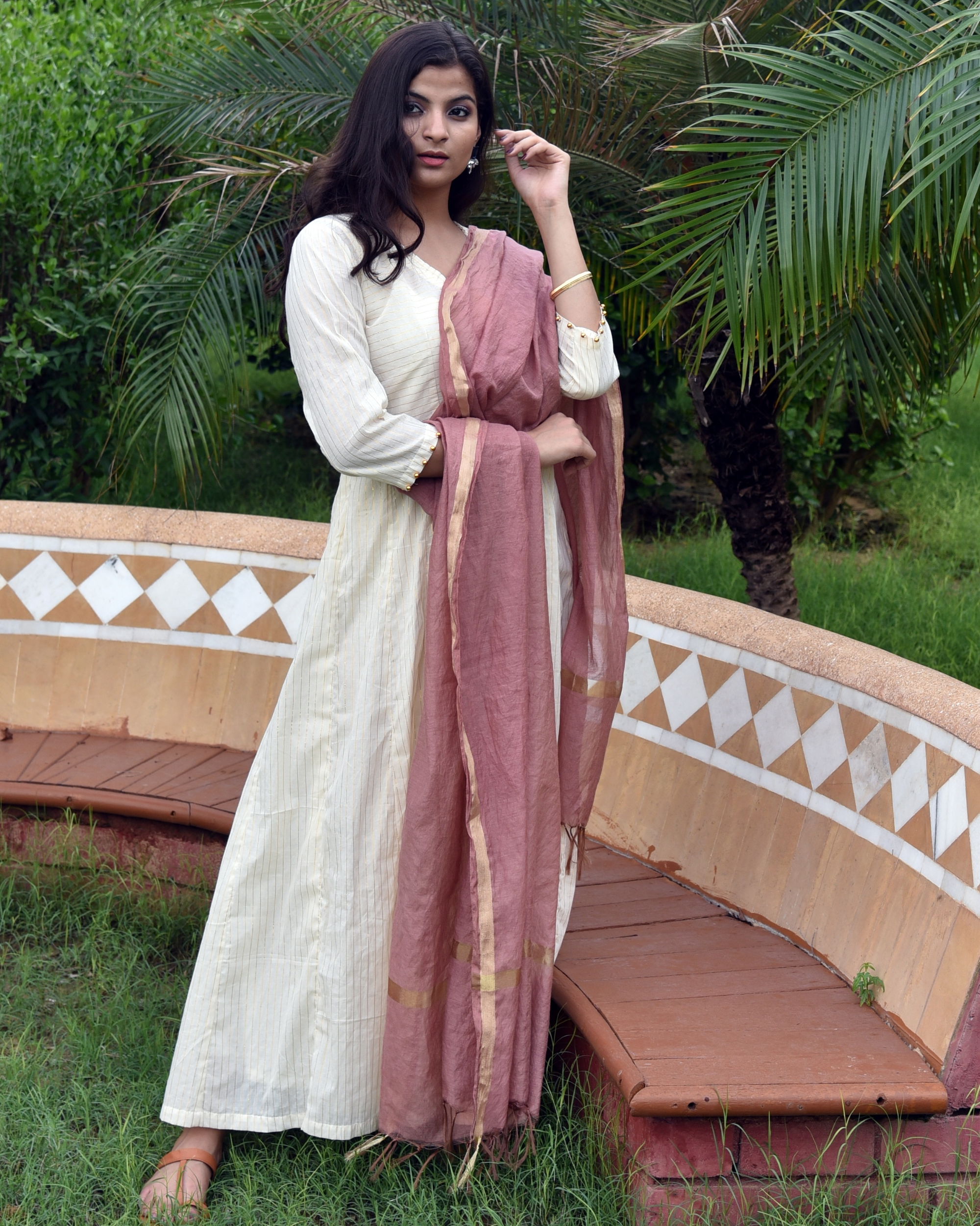 Cream angrakha dress with dupatta set of two by Pristine Tints The Secret Label