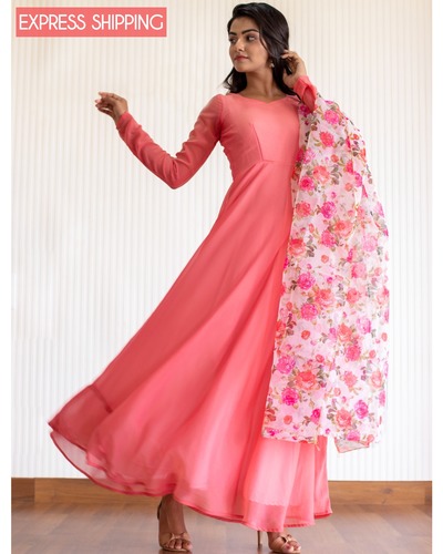 Poppy peach maxi with floral organza dupatta-set of two by The Anarkali ...