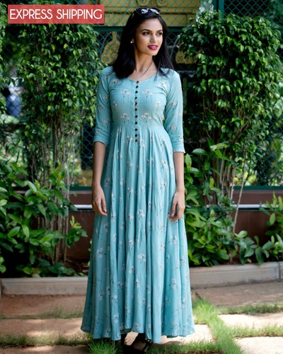 Jasmine blue floral printed dress by The Anarkali Shop | The Secret Label