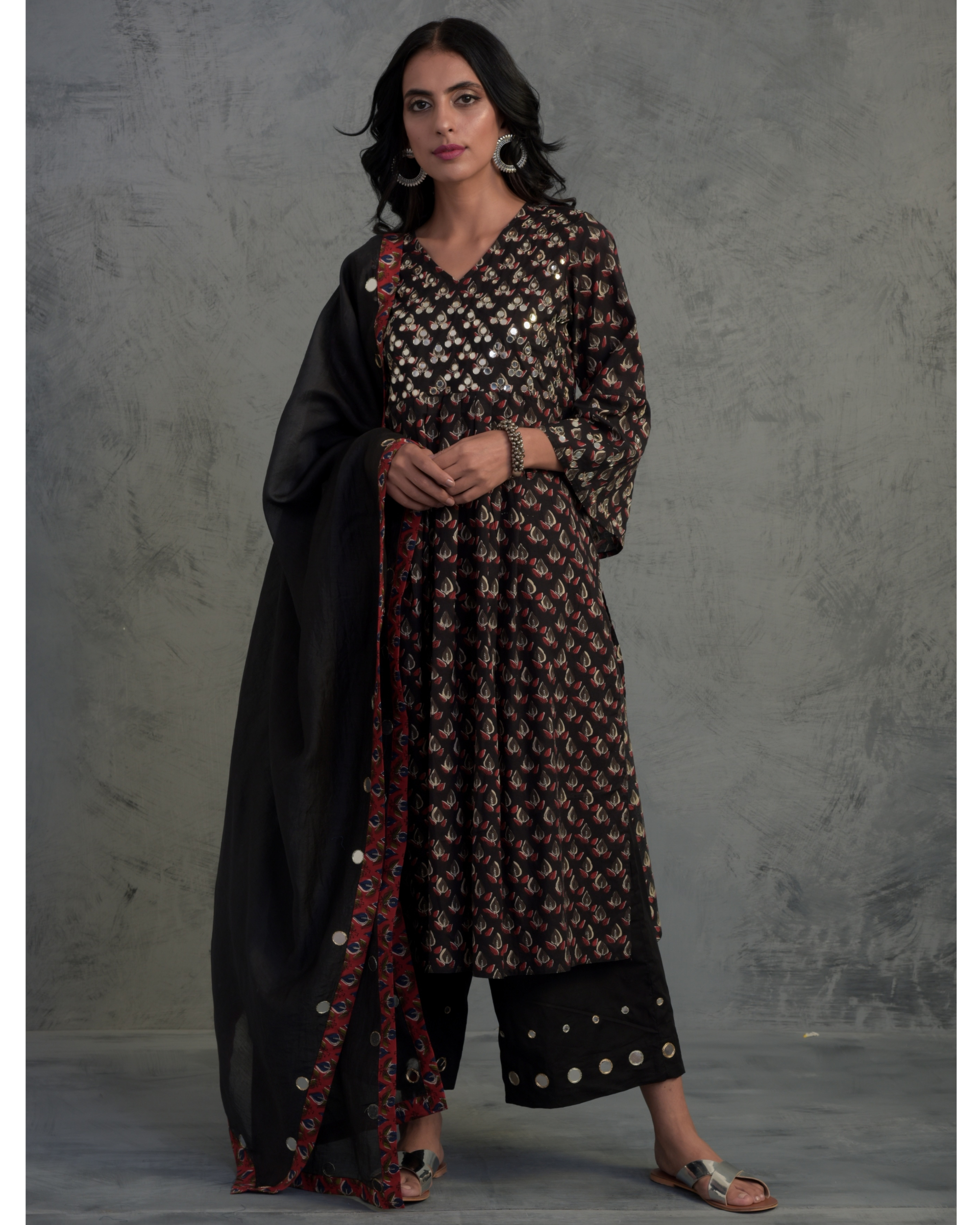 Black block print cotton suit set - set of three by Charkhee Women ...
