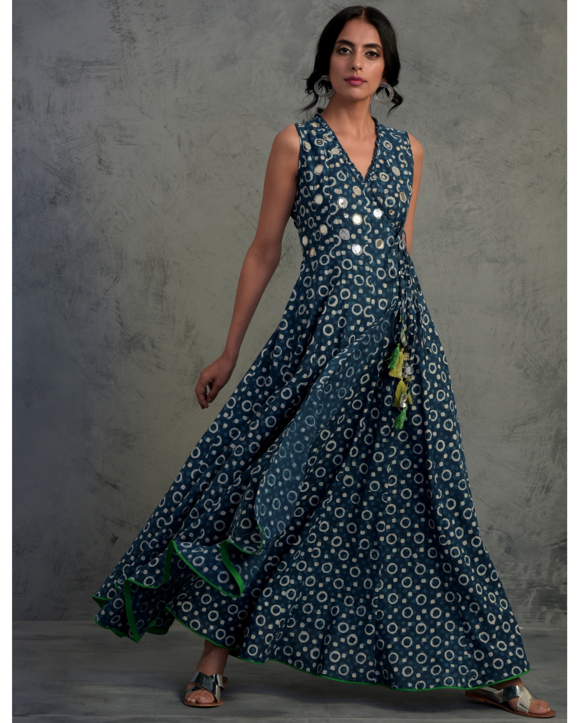 Steel blue block printed angrakha wrap-around dress by Charkhee Women | The  Secret Label