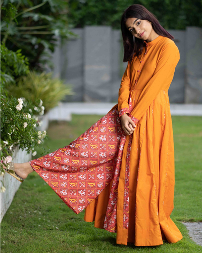 Mustard cotton cape with patola pants - set of two by Desi Doree | The ...