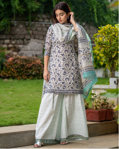 Block printed chanderi kurta with gharara pants and dupatta - set of ...