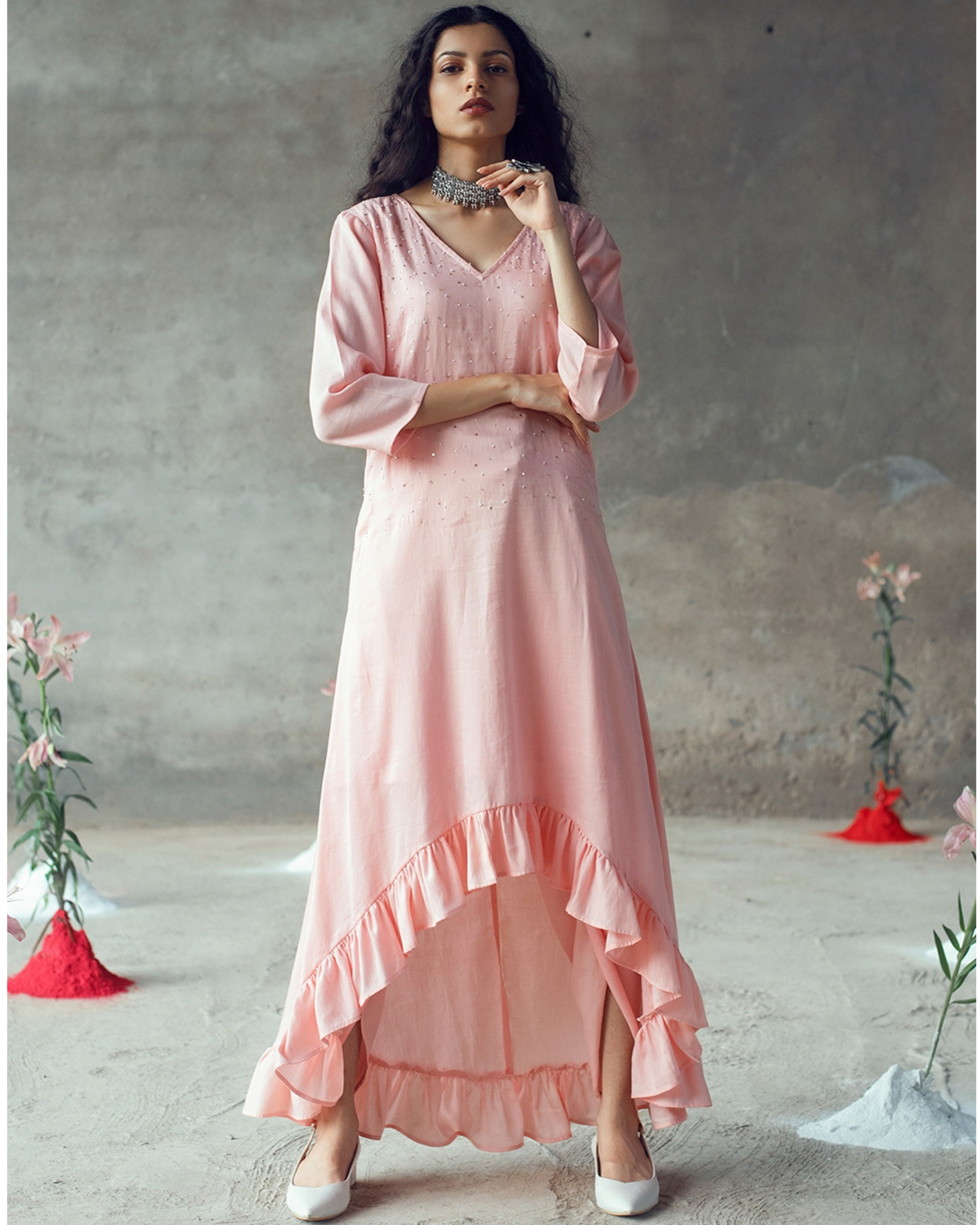 Pink frilled high low top with cowl pants-Set of two by Gulaal | The ...