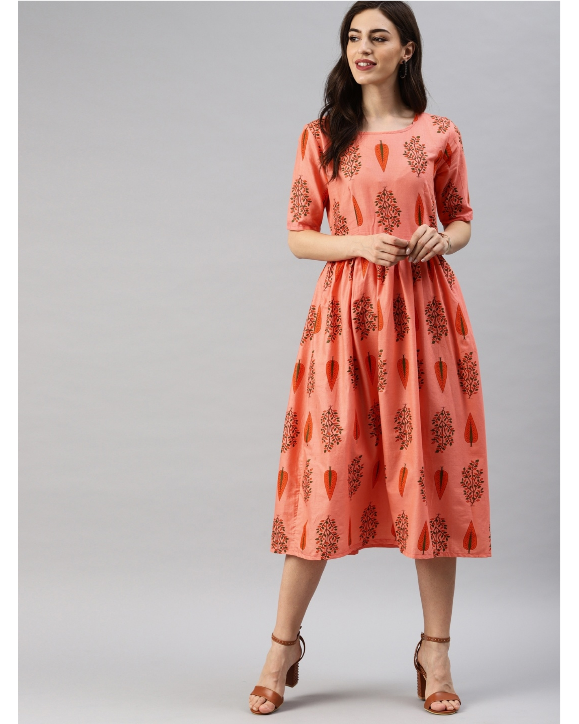 Peach orange printed a-line dress by Swishchick | The Secret Label