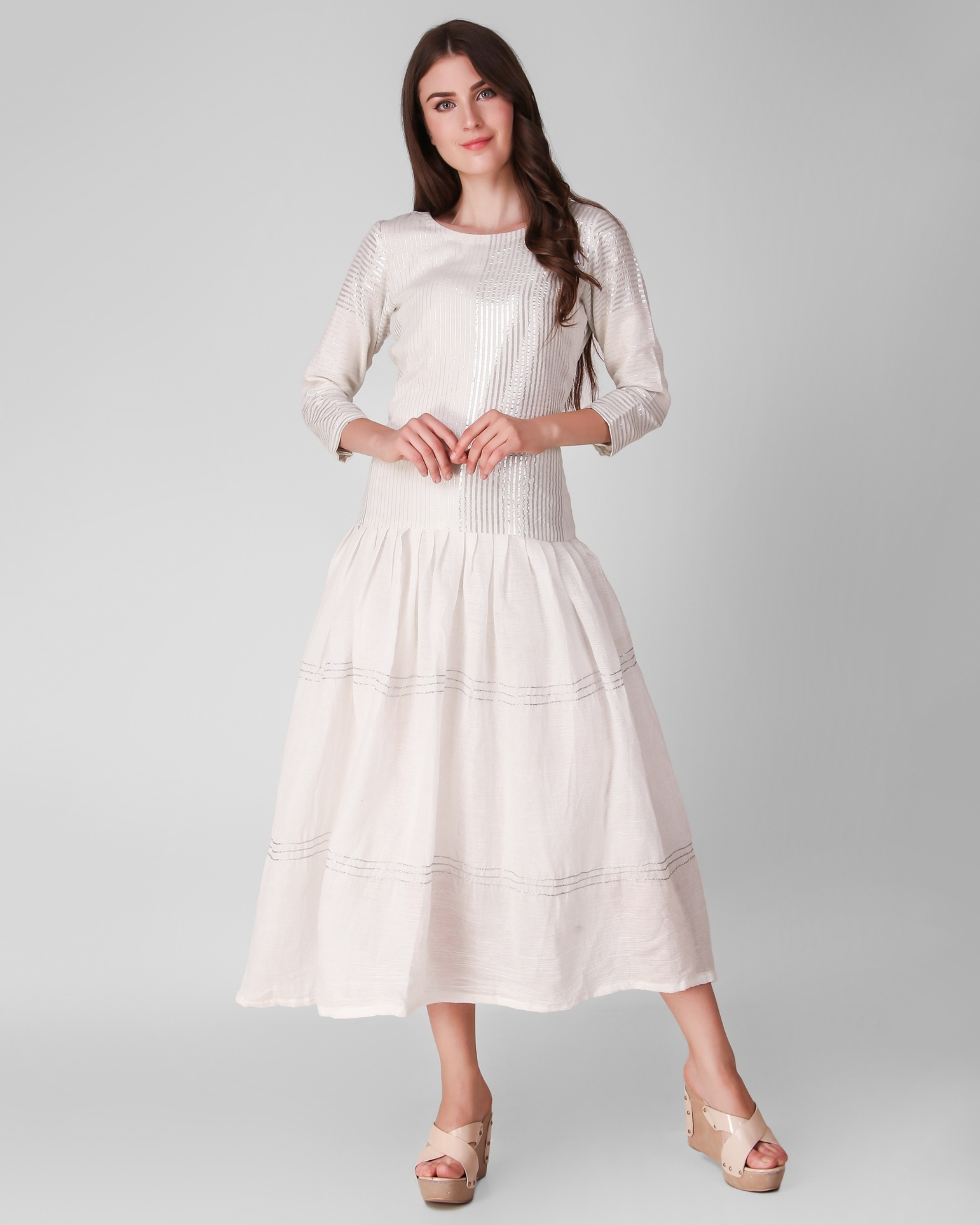 Ivory cotton crepe and lurex stripe gathered dress by Simply Kitsch ...