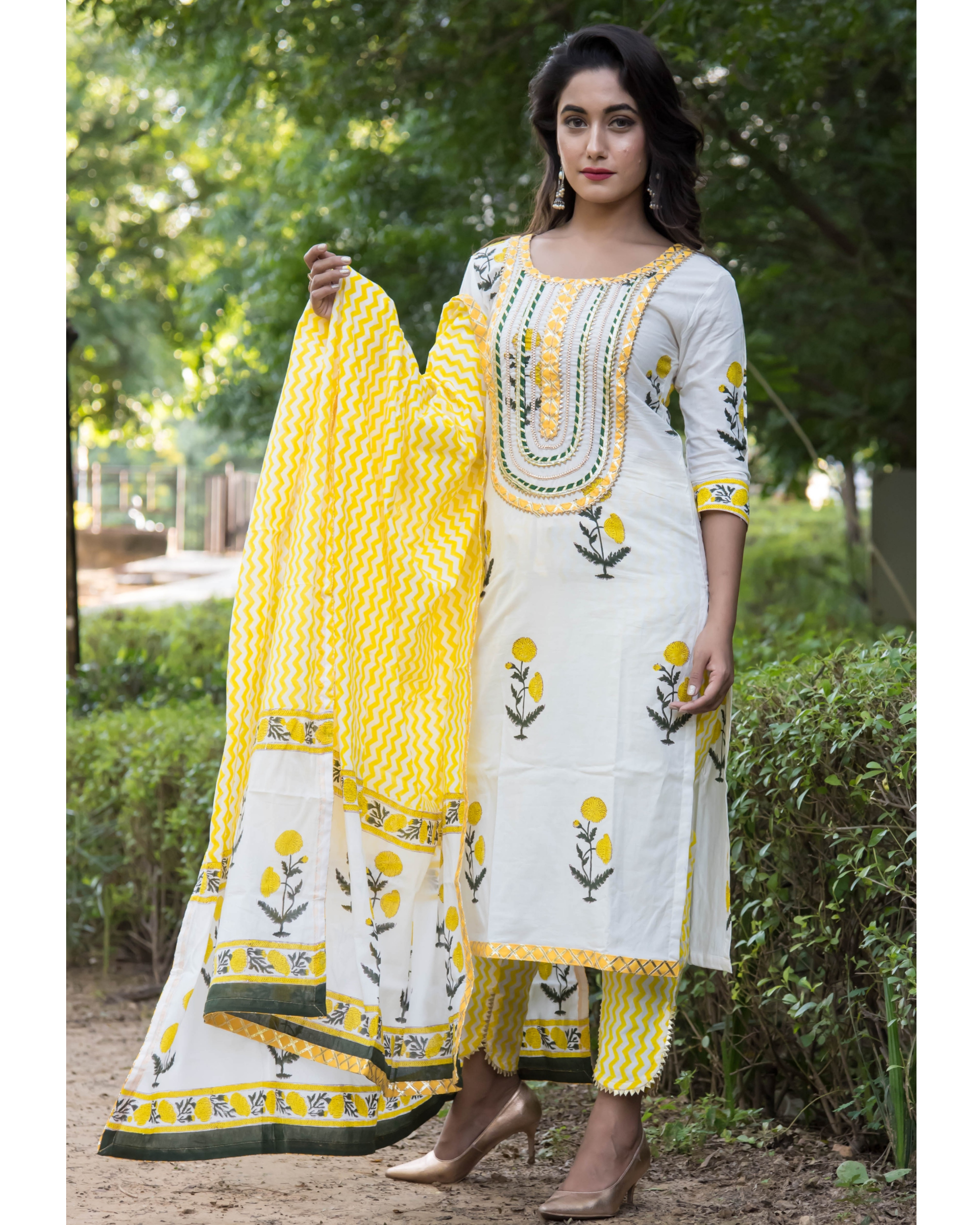 Clothing Womens Clothing Blazers & Suits Cotton Party Wear Salwar Kameez in Yellow with Gota Patti work 1736734 