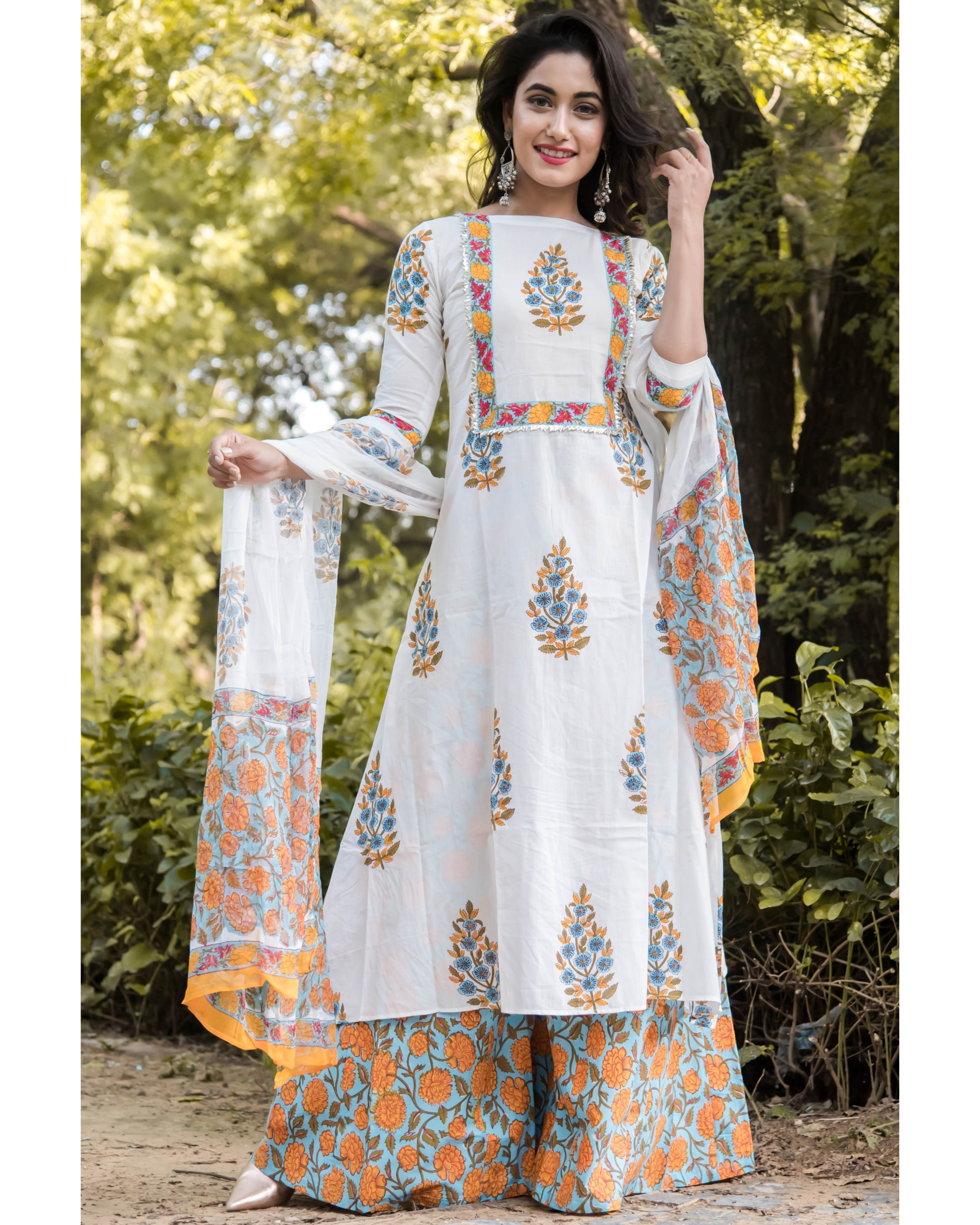 Marigold mughal print suit set - set of three