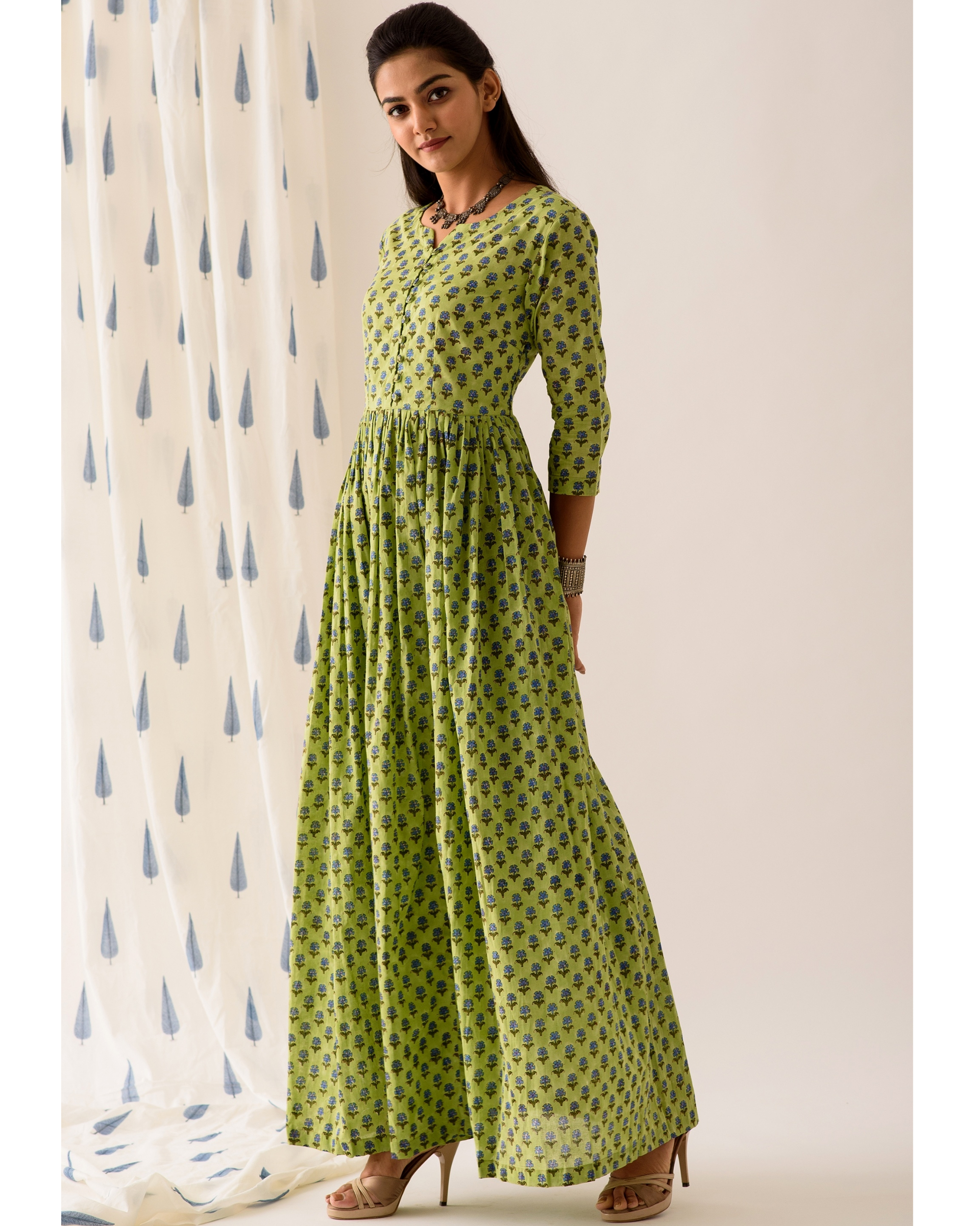 Green floral block printed maxi by Alaya The Secret Label
