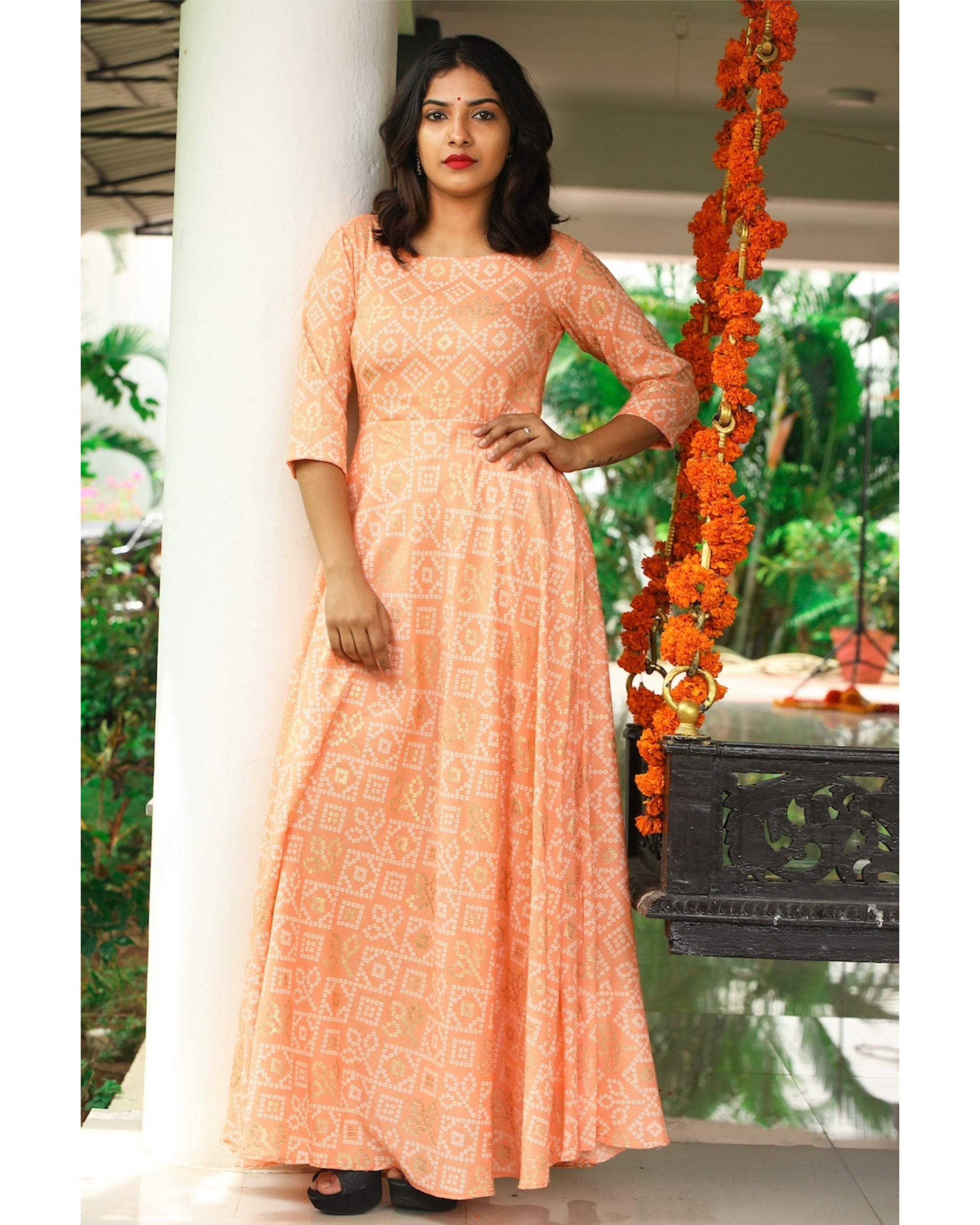 Pastel orange bandhini maxi dress by The Stitches | The Secret Label