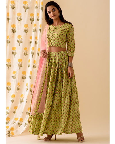 Yellow floral printed crop top and lehenga with dupatta - Set Of Three by  Alaya