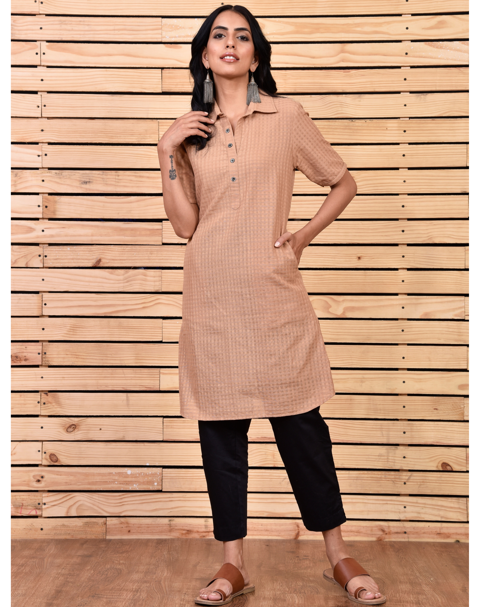 Beige short kurta with pant  set of two by Raasleela  The Secret Label