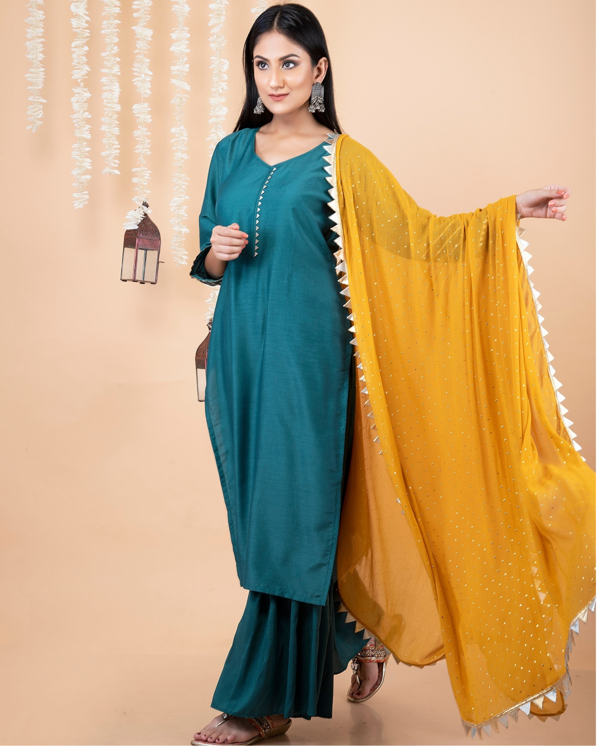 Teal green suit with palazzo and dupatta - set of three by Empress ...