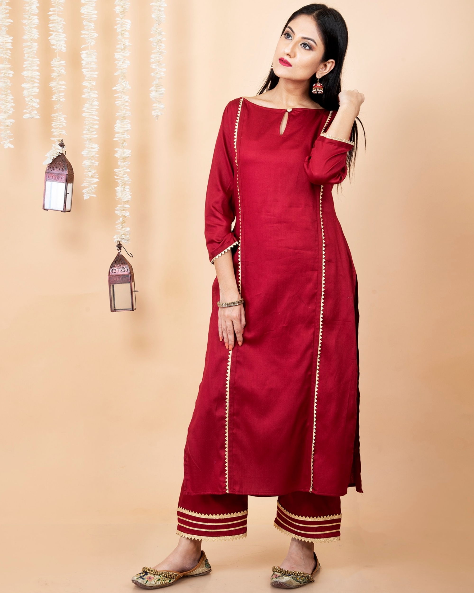 Maroon Kurta With Gold Palazzo Pants  TheStyleasecom