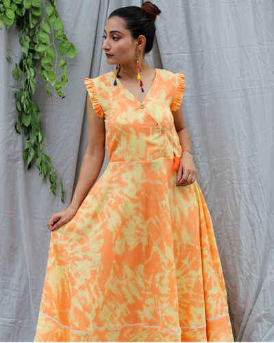 Orange flared maxi dress with frilled sleeves by Anecdotes | The Secret ...