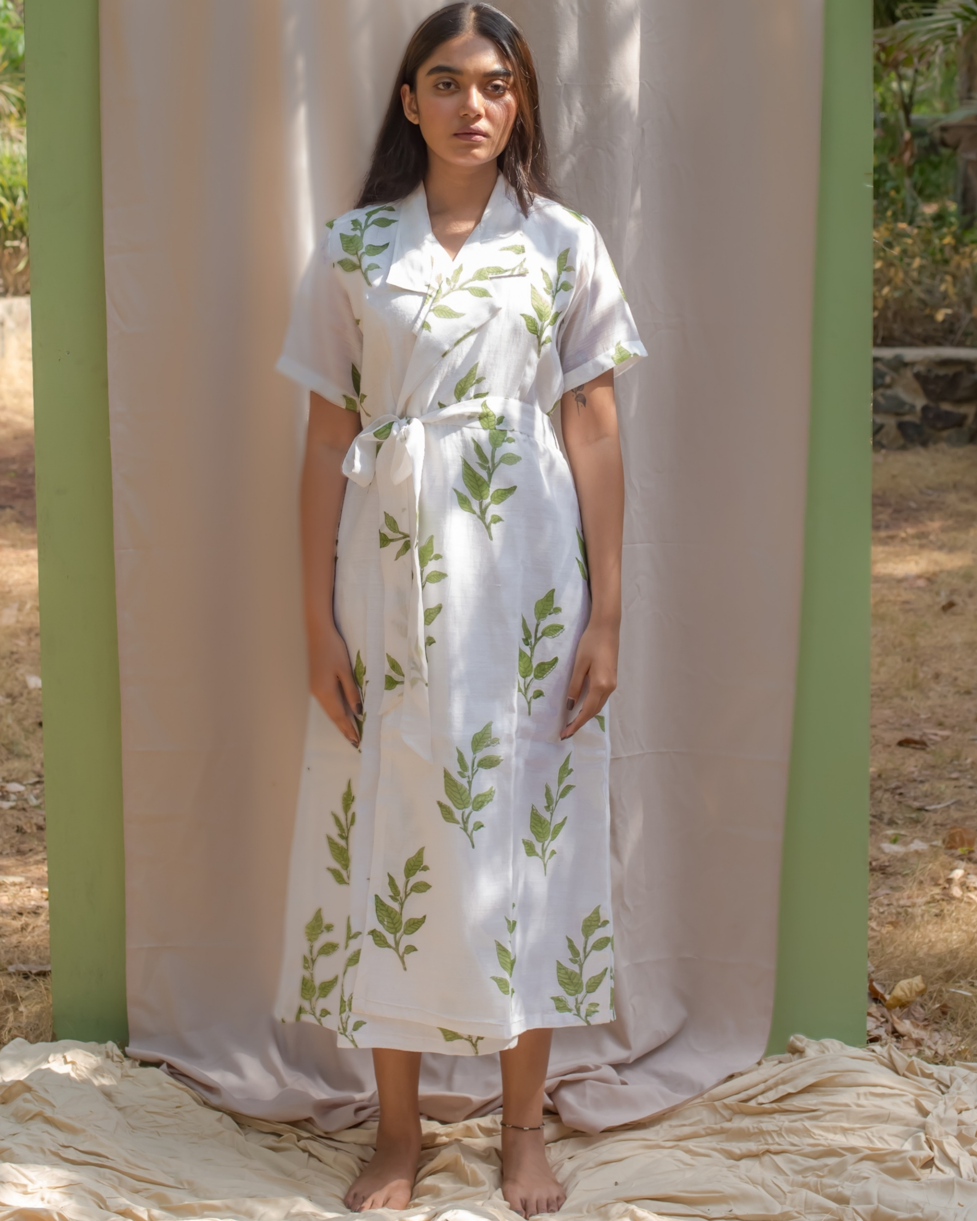 White chanderi wrap around printed dress by Kokum | The Secret Label