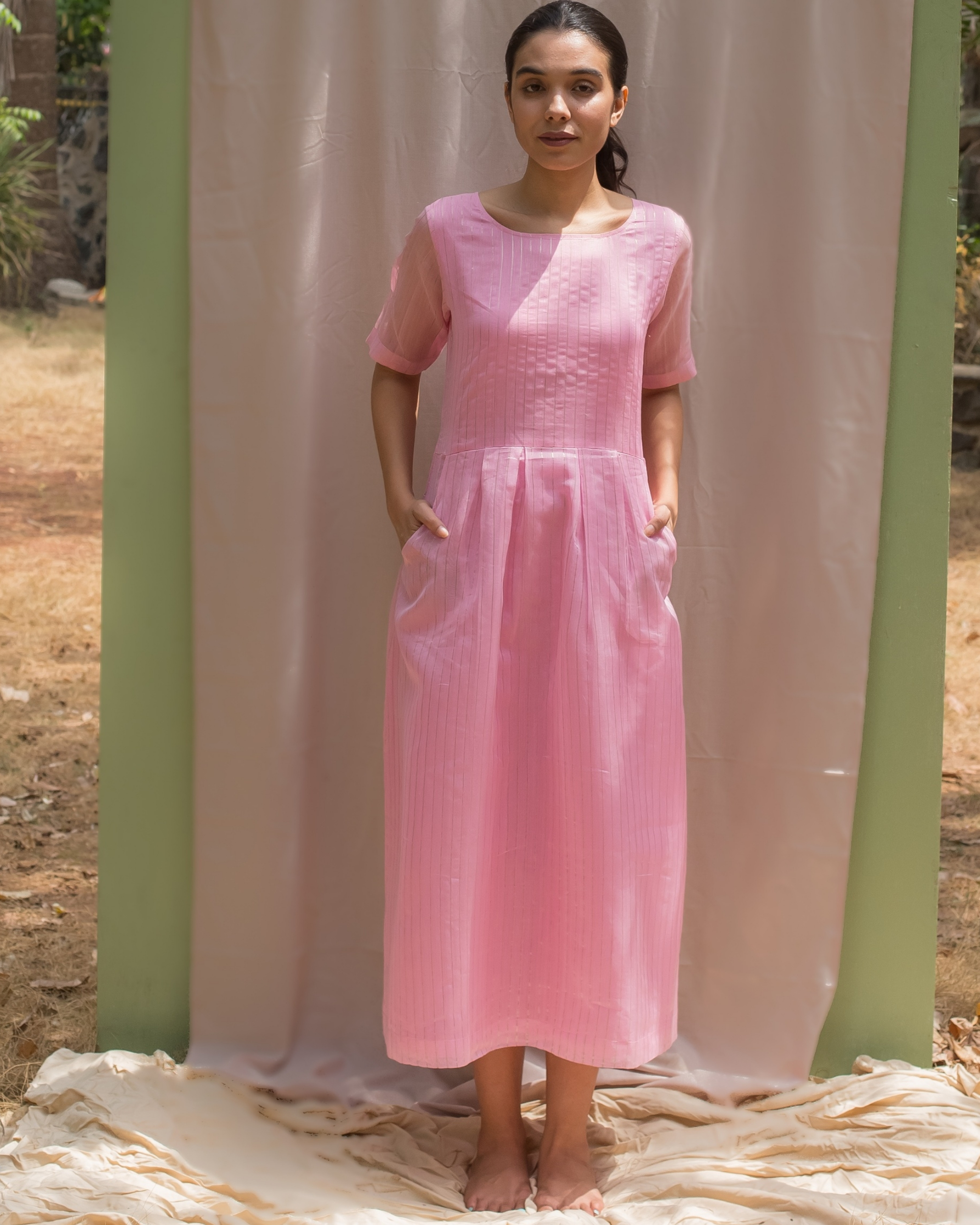 Blush pink chanderi dress with golden zari stripes by Kokum | The ...