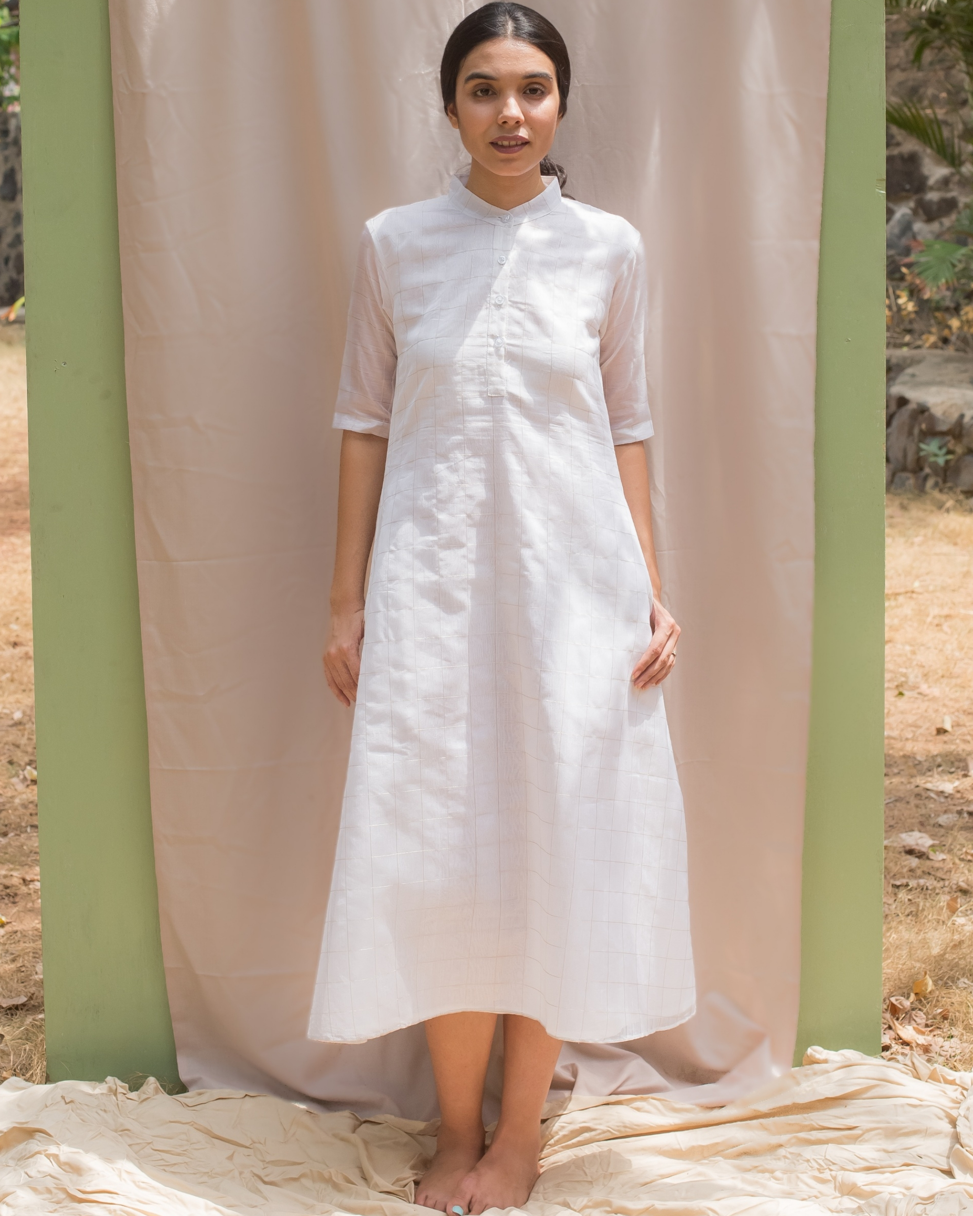 White chanderi dress with silver zari checks by Kokum | The Secret Label