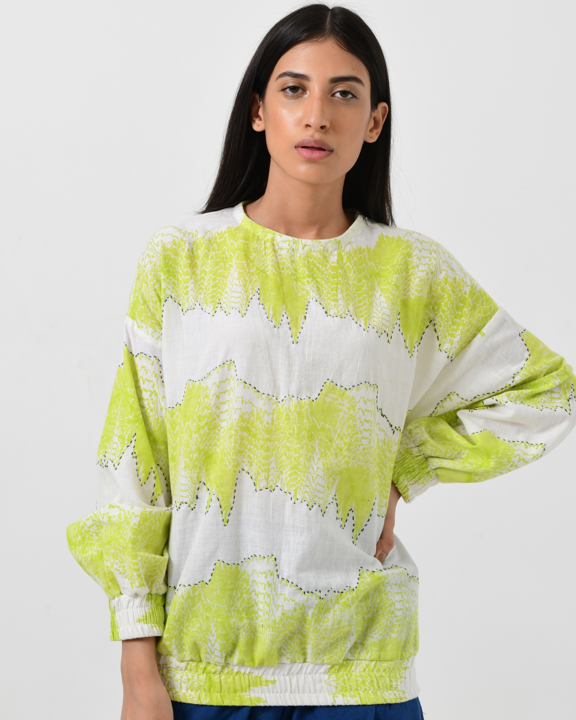 Neo green cotton sweatshirt with geo block line prints