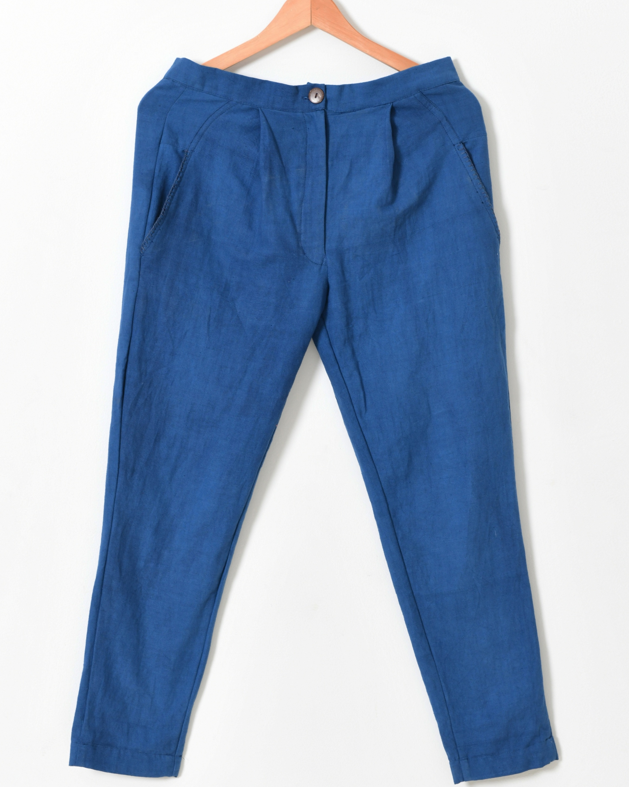 Indigo cotton pants with blanket stitches by Rias The Secret Label