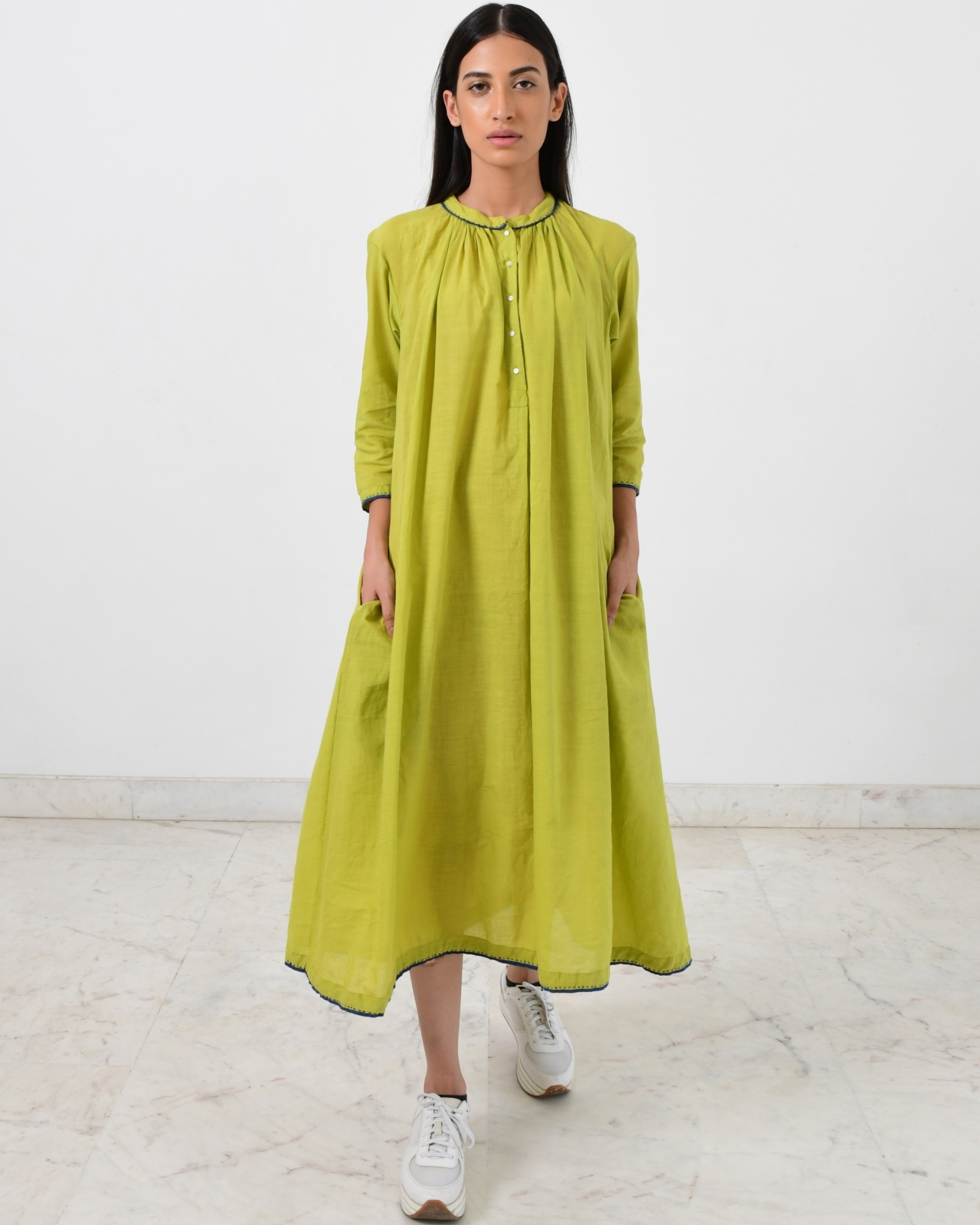 Green paneled cotton dress with pockets by Rias | The Secret Label