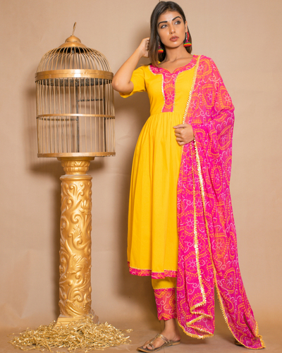 Yellow and pink anarkali with pant and dupatta - set of three by Chokhi ...