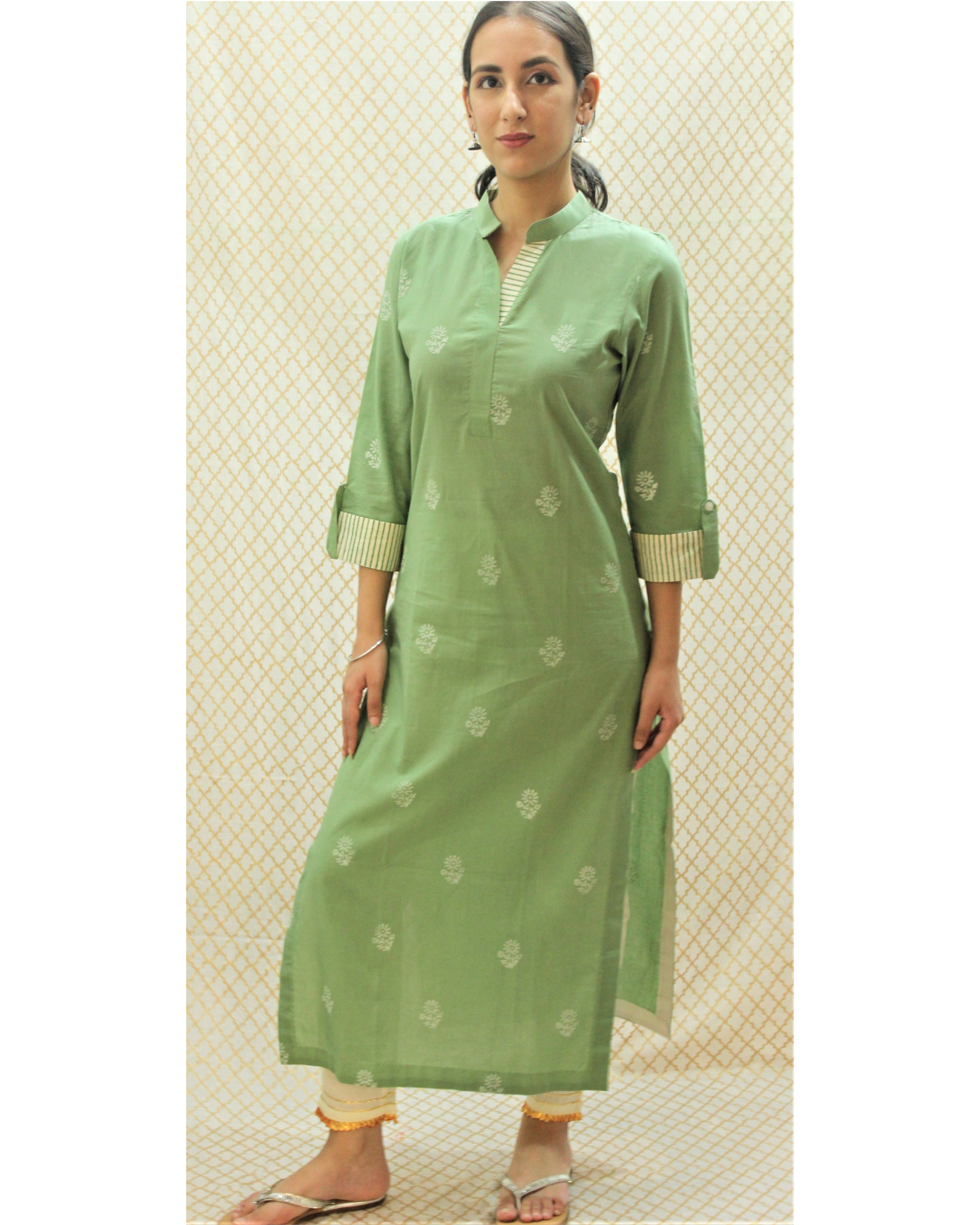 Green kurta with striped roll up sleeves by Marasim The Secret Label