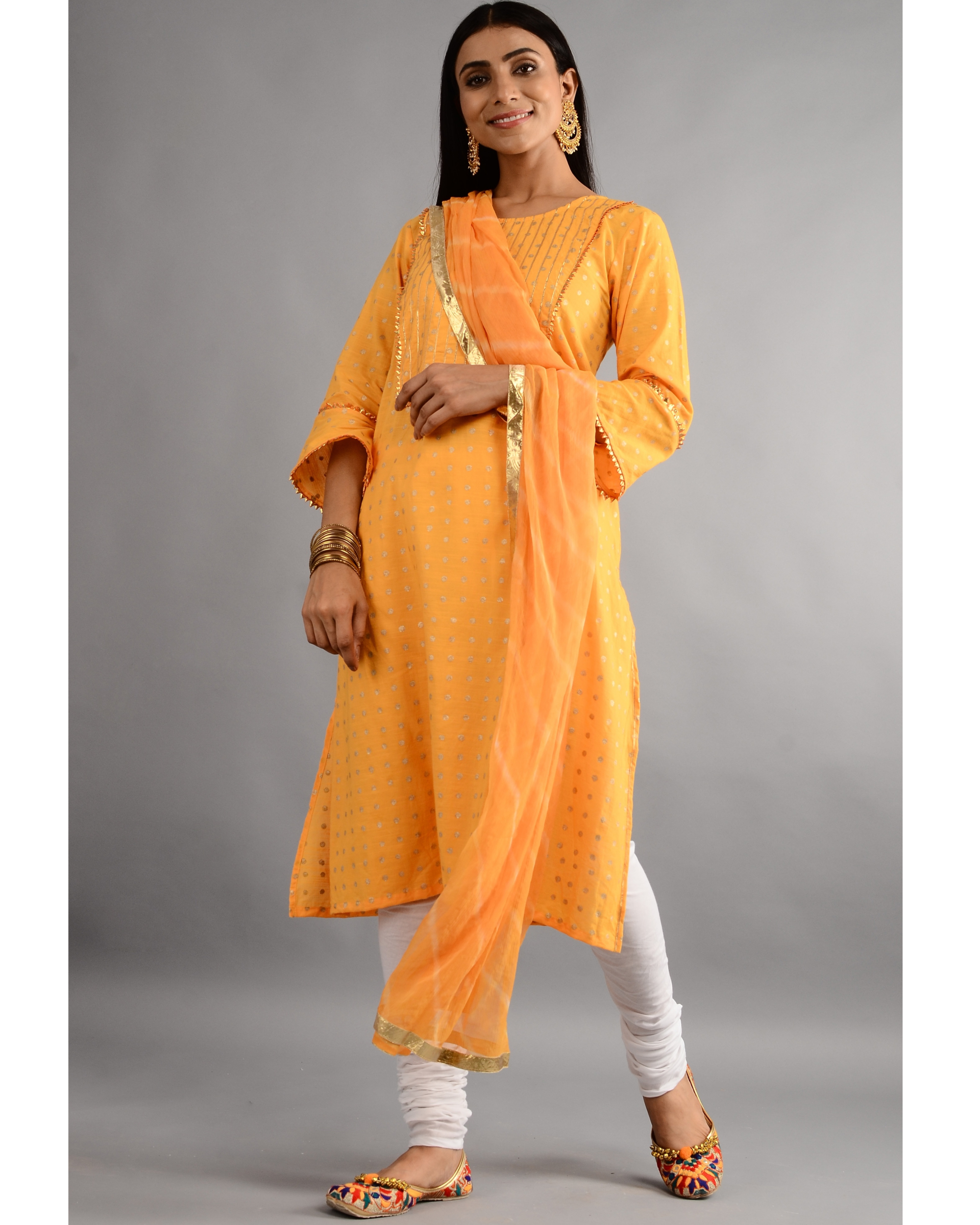 Mustard gold printed kurta with dupatta and pants - set of three by ...