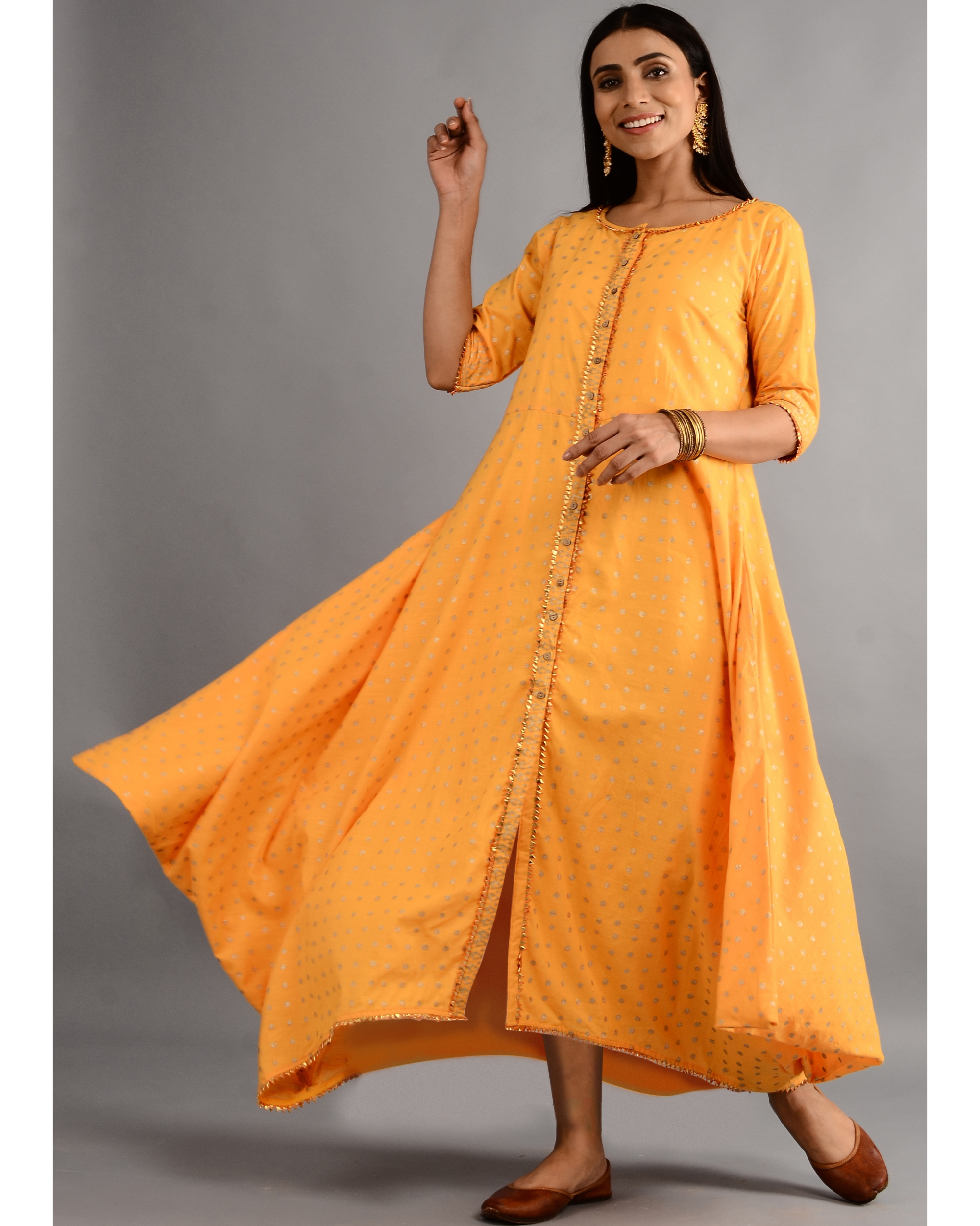 Mustard and gold printed front slit cape by Free Living | The Secret Label