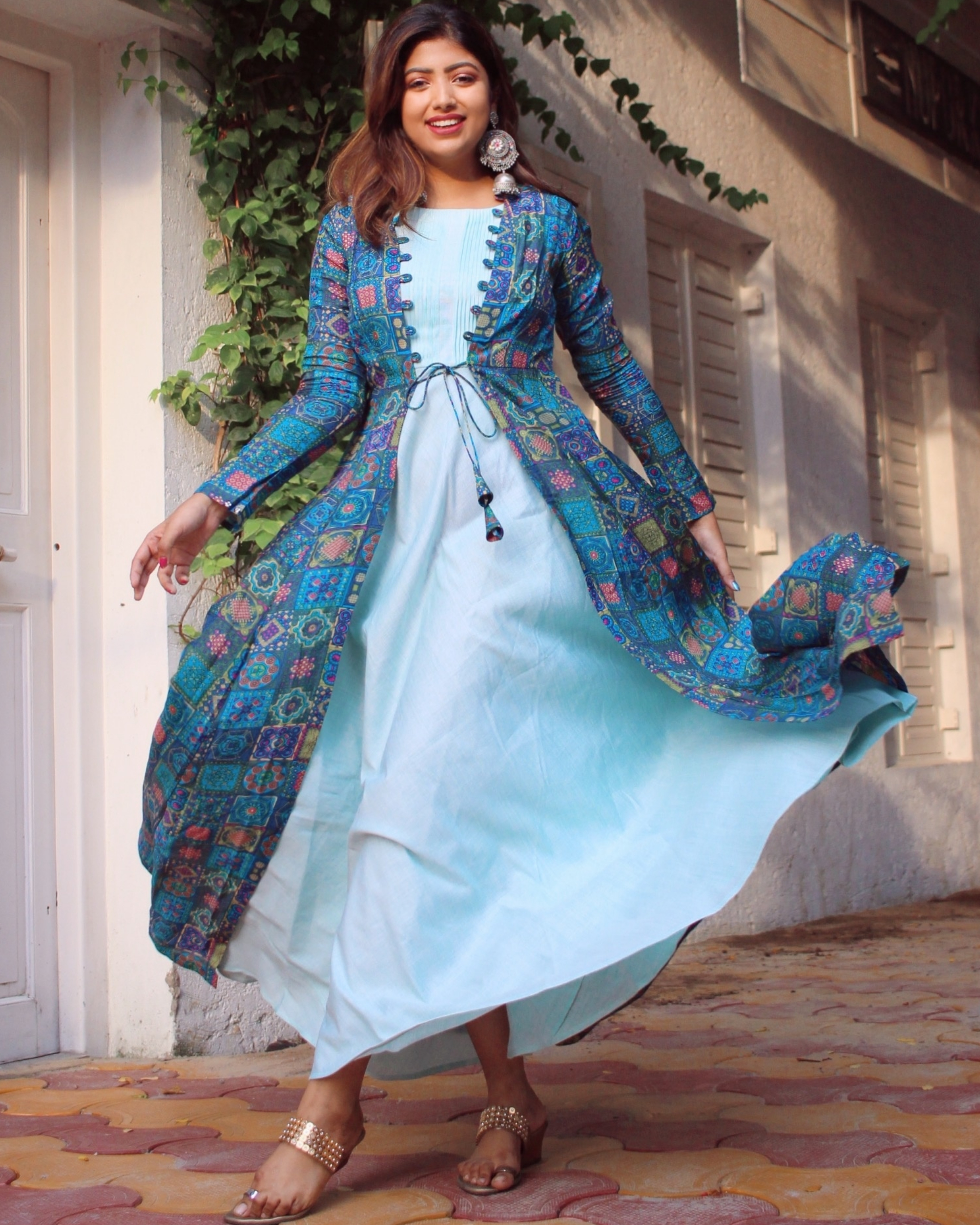 Loop lush mint dress with jacket - Set of Two by Label Rishmaan
