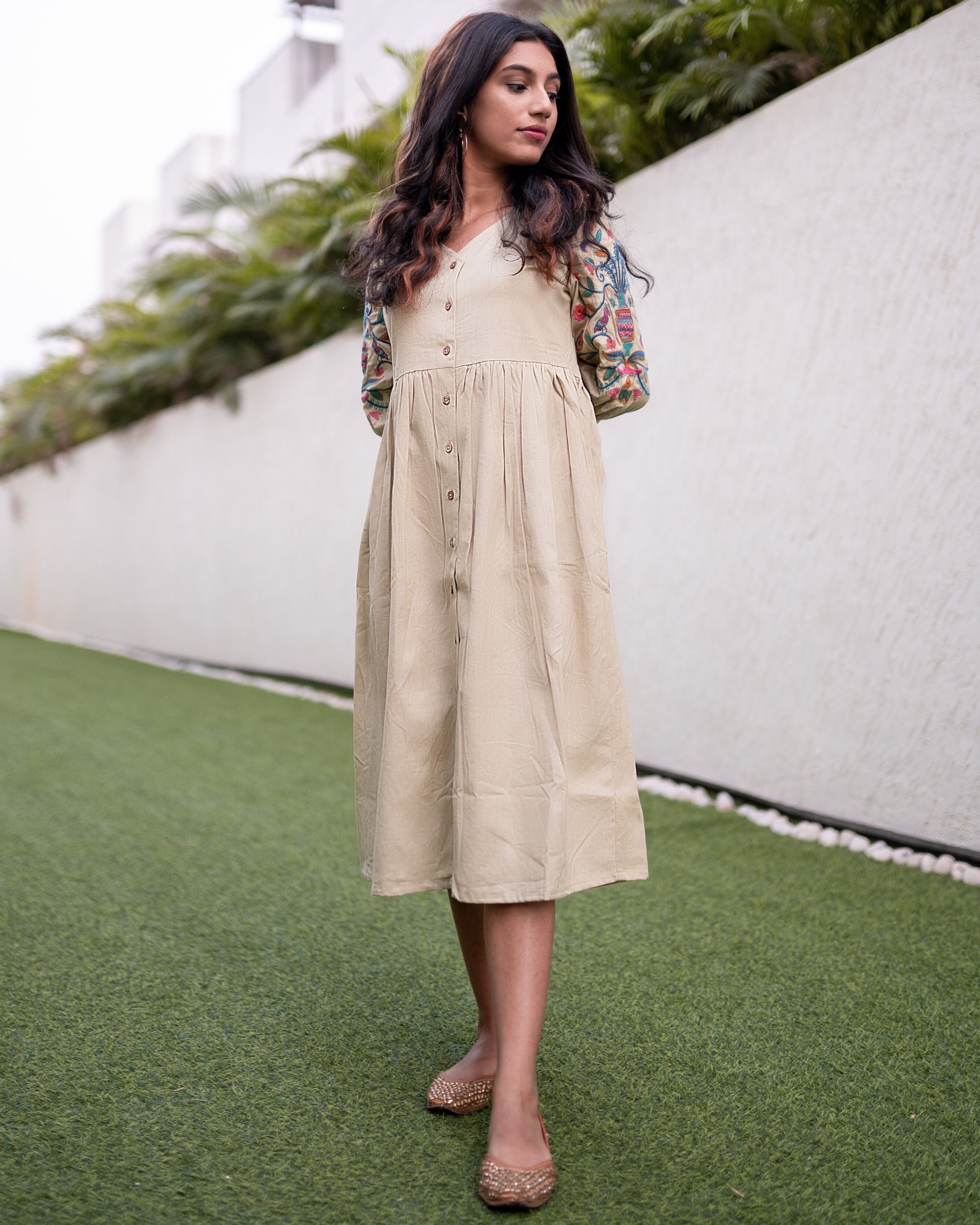 Beige front open gathered dress with embroidered balloon sleeves by UNTUNG