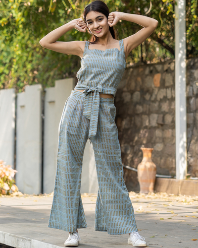 Turquise ikkat crop top and floral printed mirror bordered dhoti pants -  set of two by Nytara | The Secret Label
