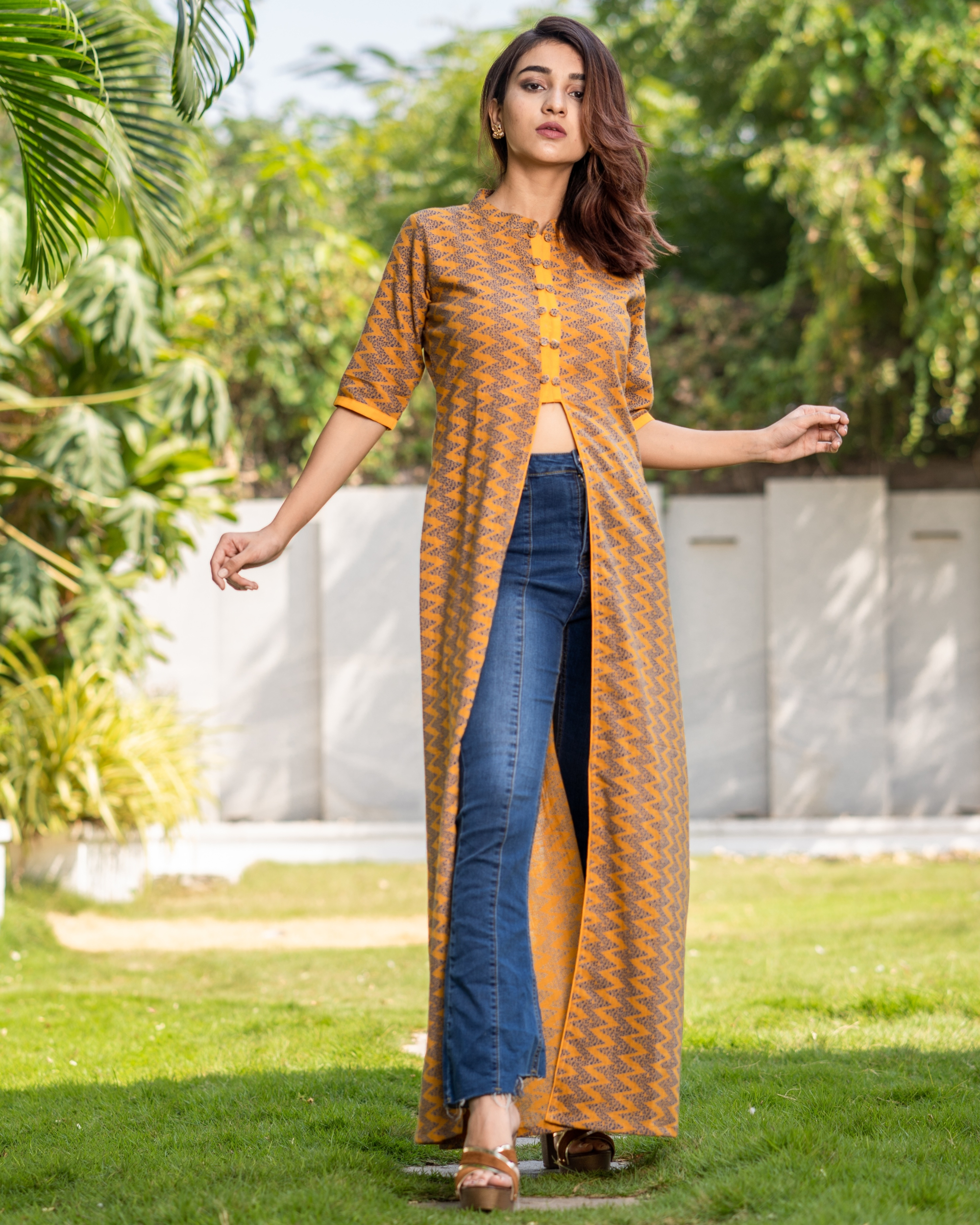 Mustard zig-zag printed front slit cape by The Weave Story | The Secret ...