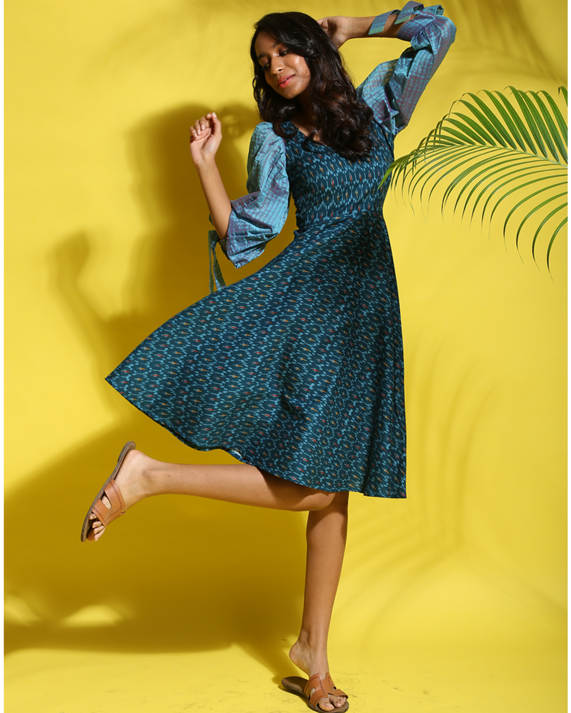 Yale blue printed flared dress with puff sleeves by Why So Blue The