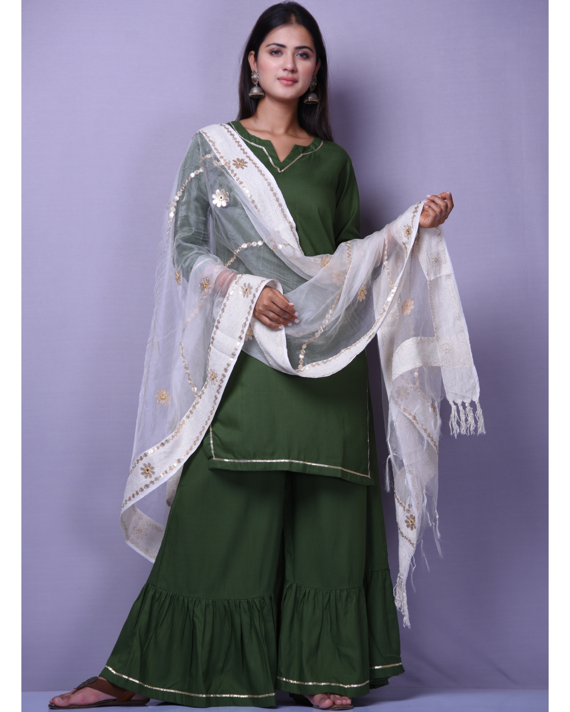 Forest Green Gharara set with White organza dupatta- Set of Three by 