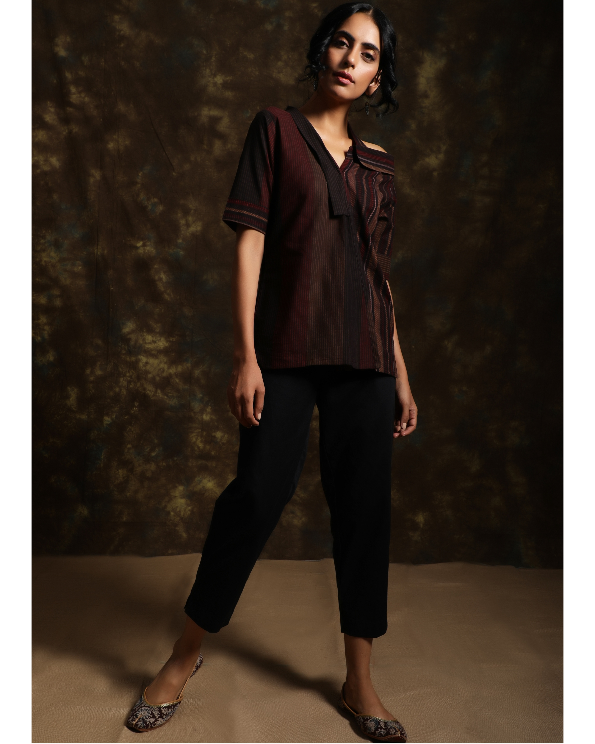 Teak brown multi-striped shirt by Raasleela | The Secret Label