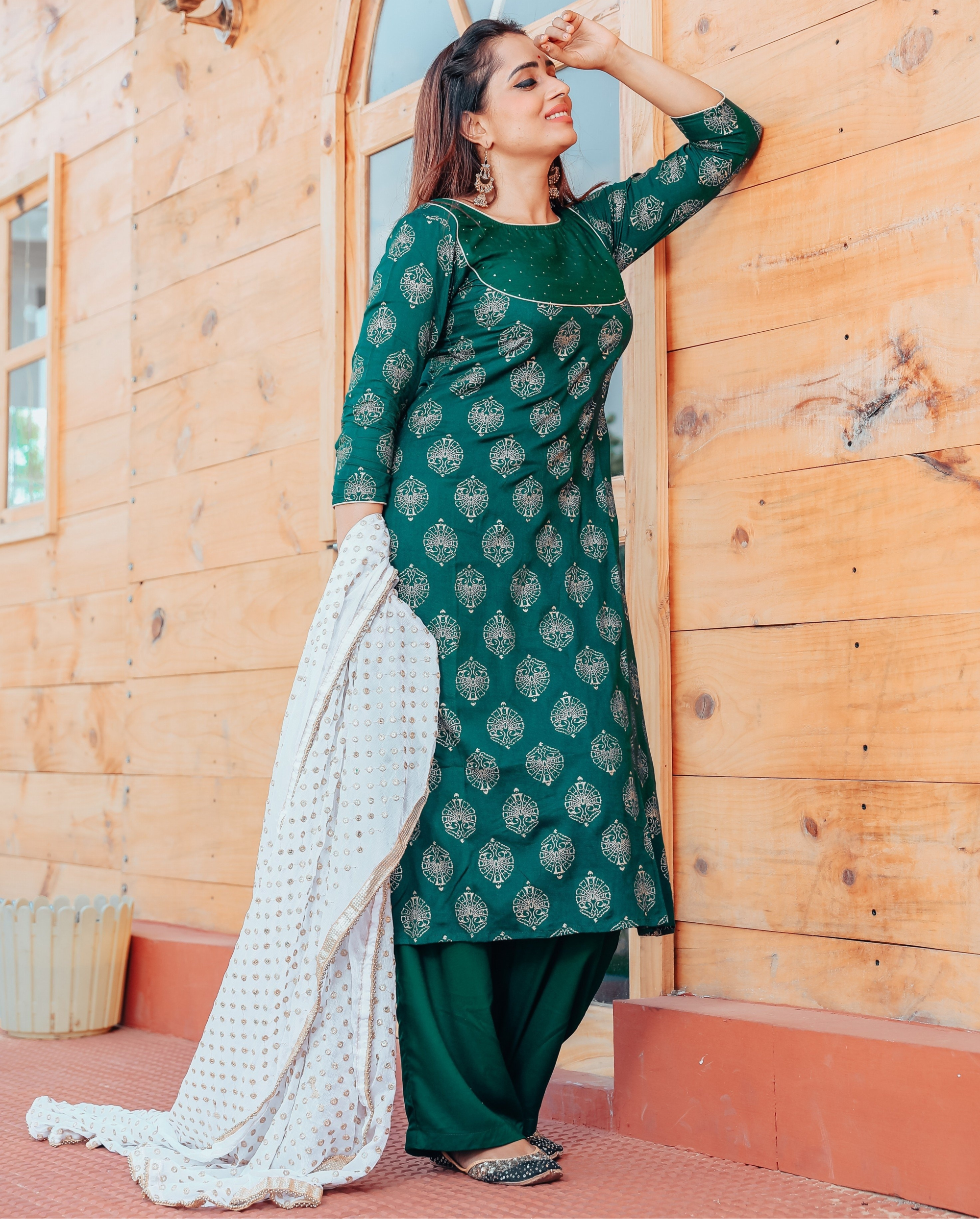 Pine green sequined yoke and foil block printed suit set set of three
