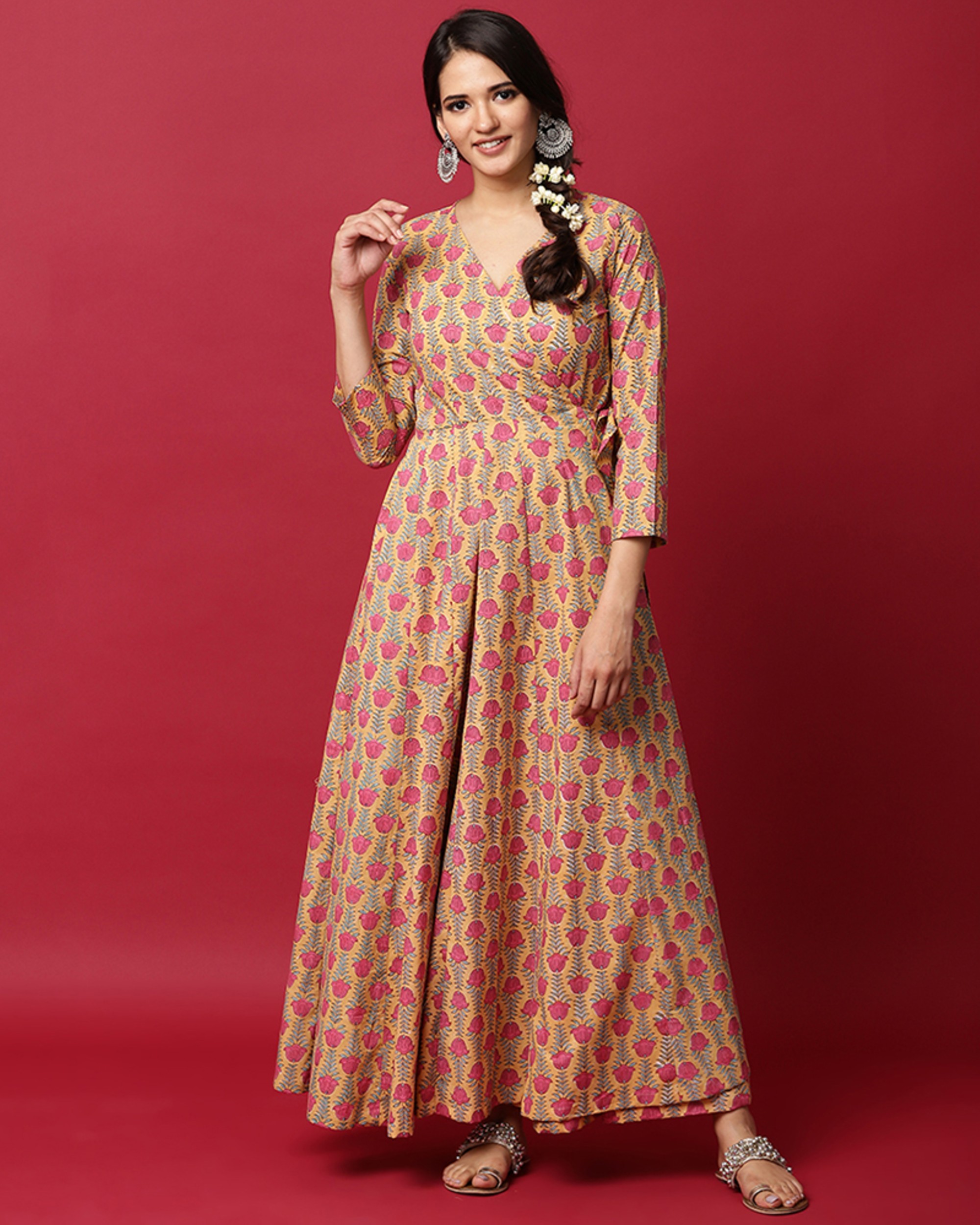 Mustard yellow and pink floral printed angrakha dress by Rivaaj | The ...