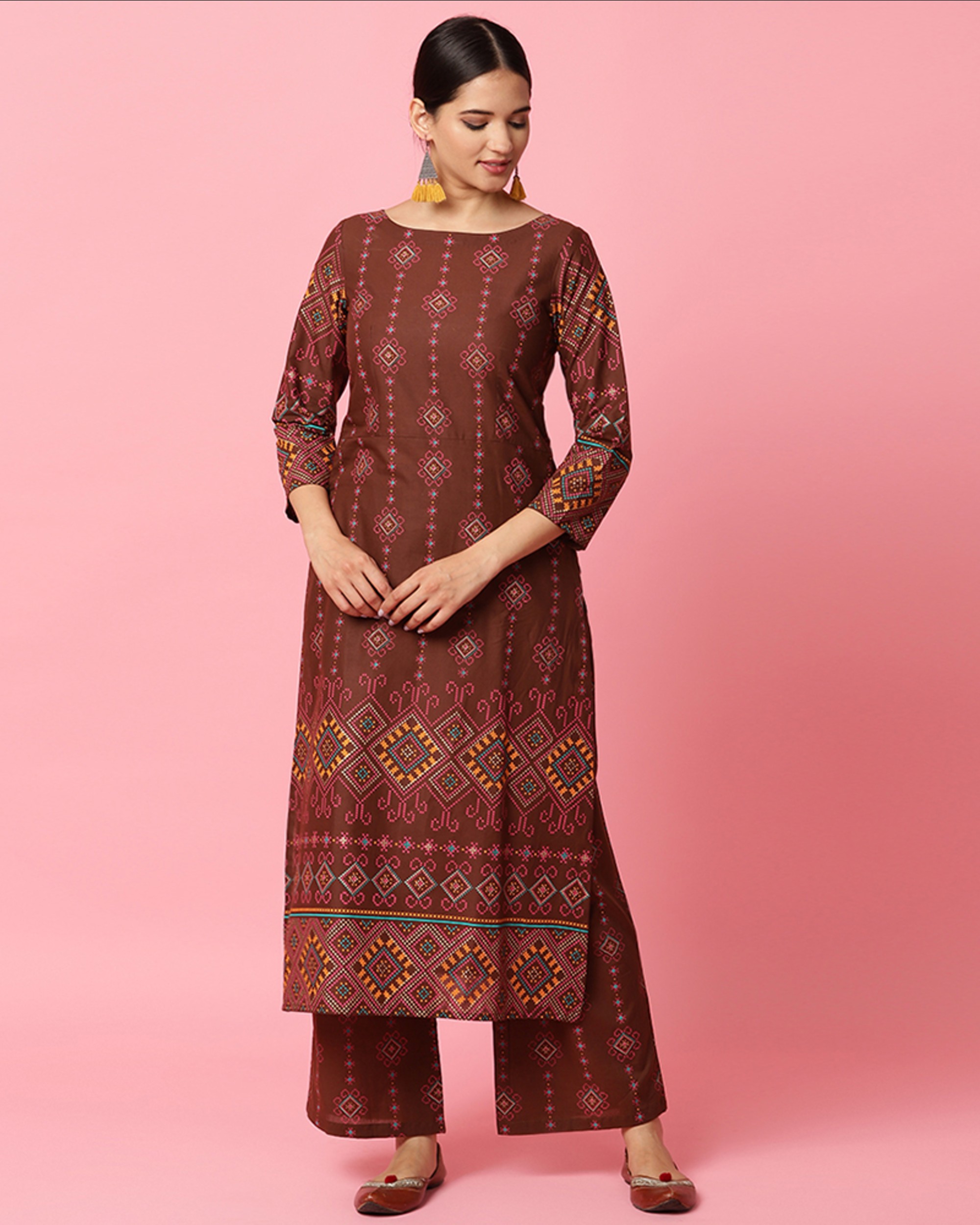 Brown printed kurta and palazzo set Set of Two by Rivaaj The Secret