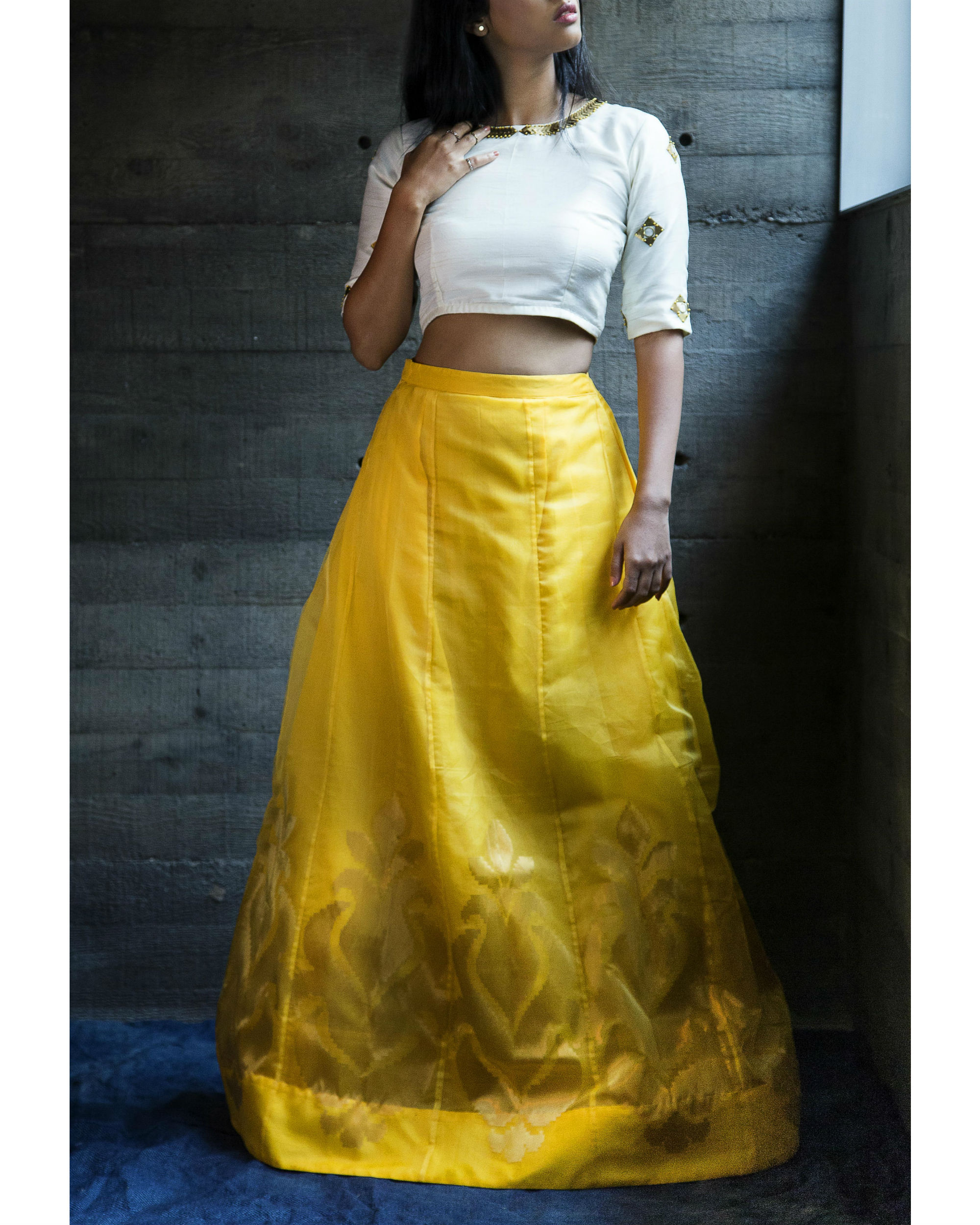 Yellow paisley crop top and skirt set 