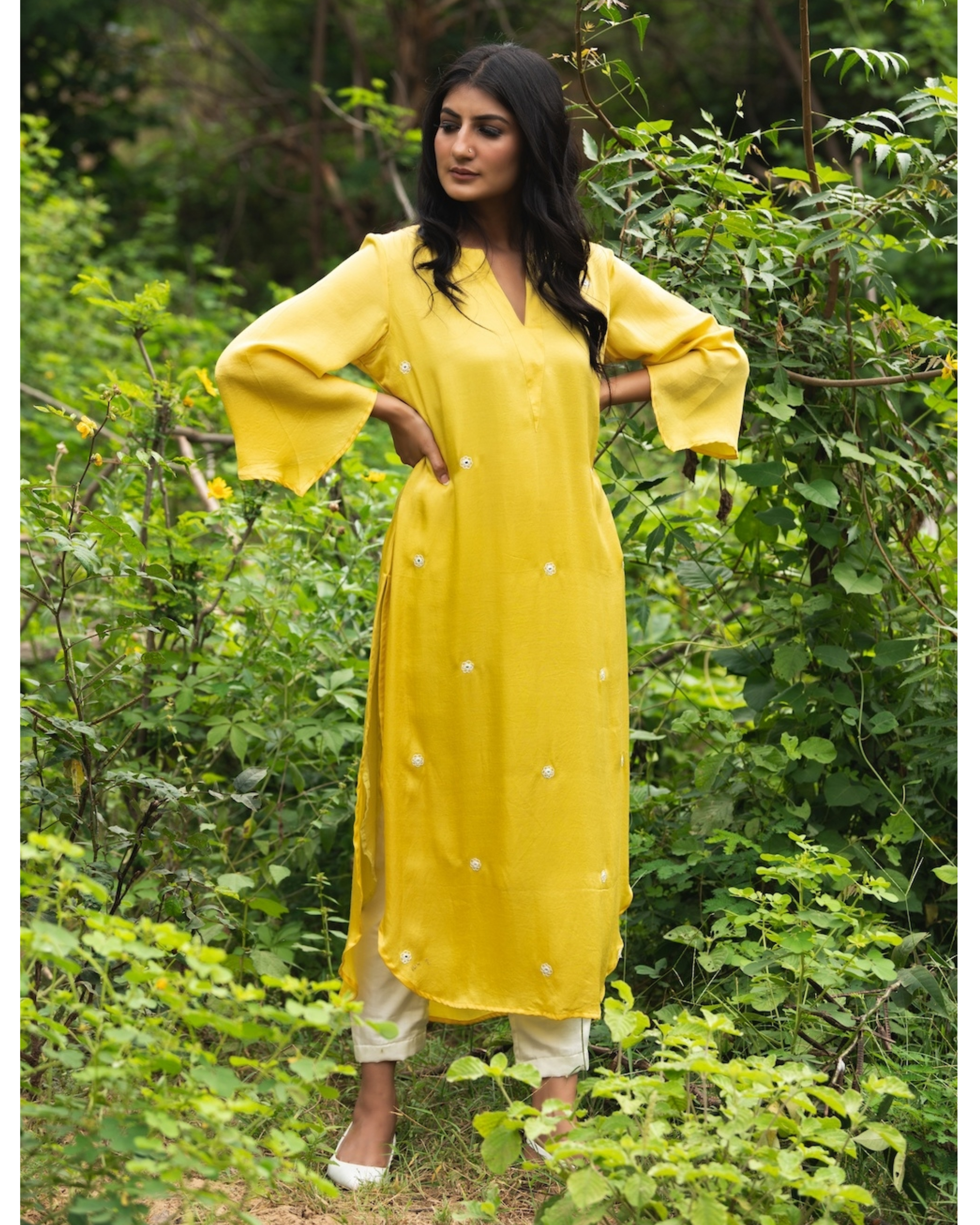 Yellow embroidered straight cut tunic by Neora | The Secret Label