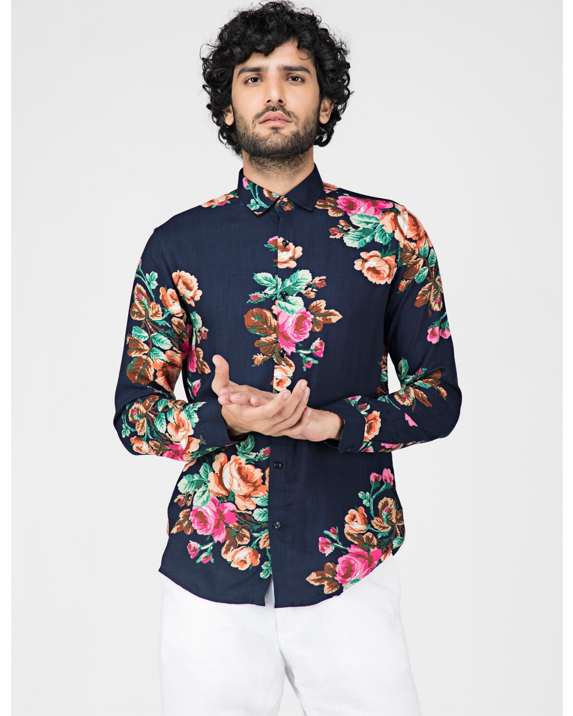 Navy blue floral printed casual shirt ...