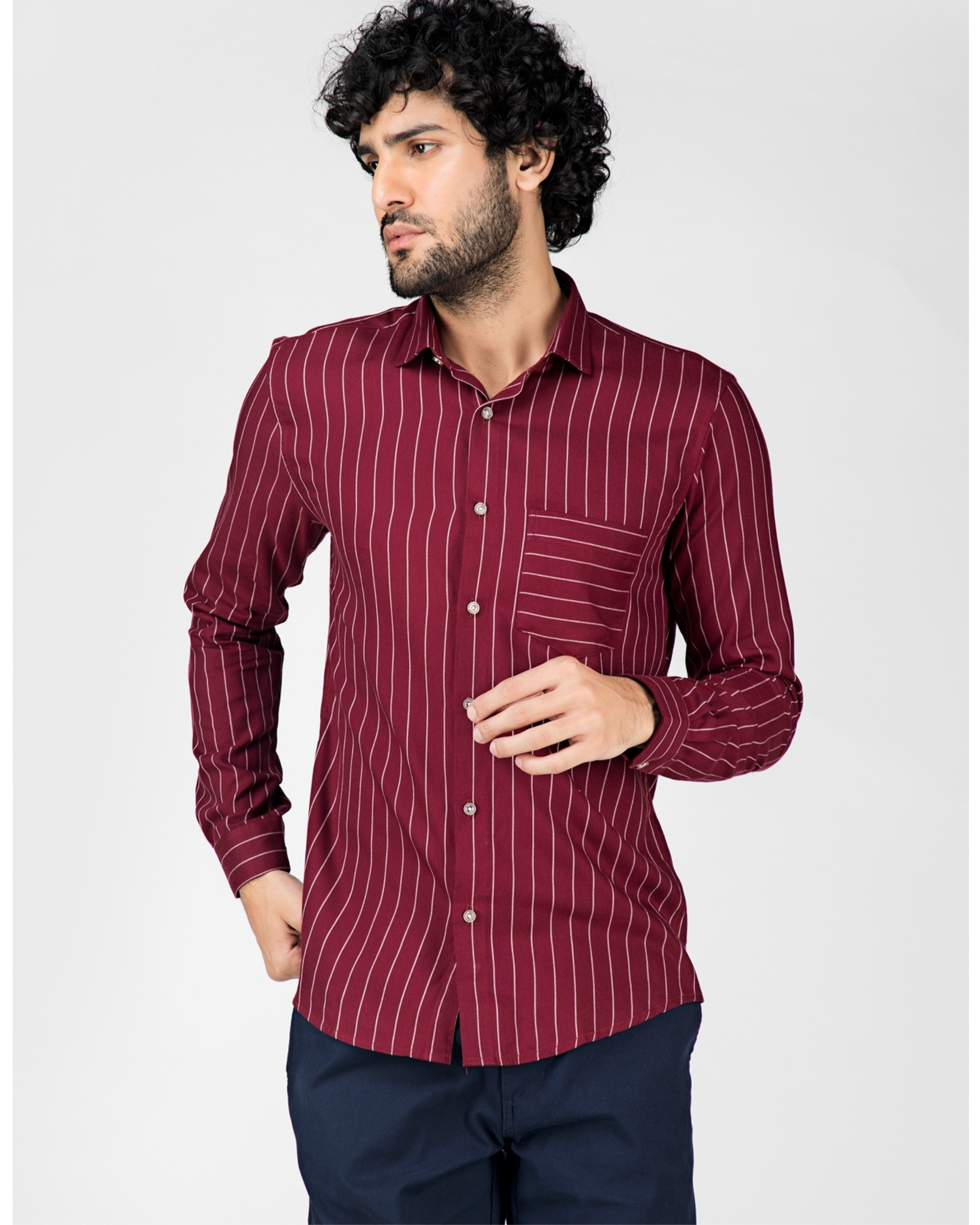 Maroon striped casual shirt with contrast pocket by Green Hill | The ...