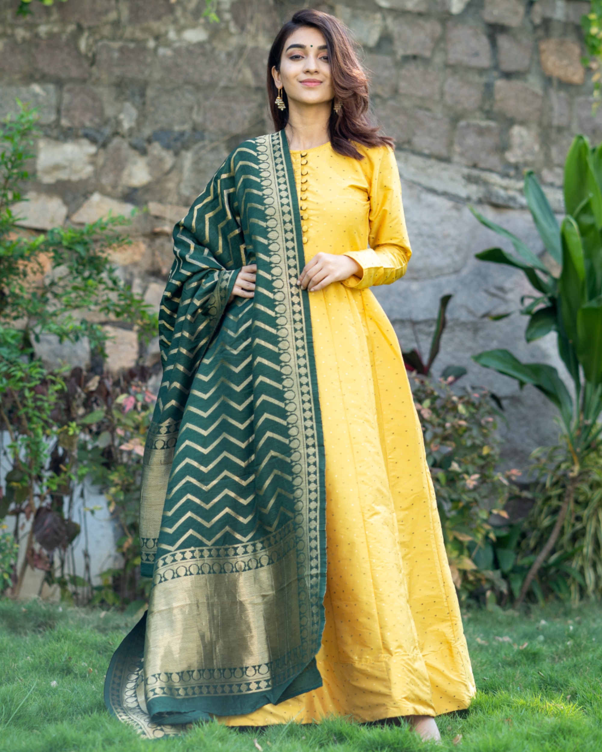 Buy Art Silk Green and Yellow Readymade Suit Online -